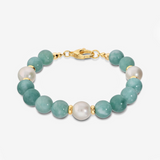 Bracelet avec Quartzite Verte et Perles d'Eau Douce Blanches Ø 10/11 mm en Argent 925 doré à l'or fin 18ct
