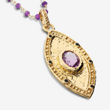 Amethyst and Black Spinel Rosary Necklace in 925 Silver plated with 18Kt Yellow Gold with Navette Pendant with Natural Stones
