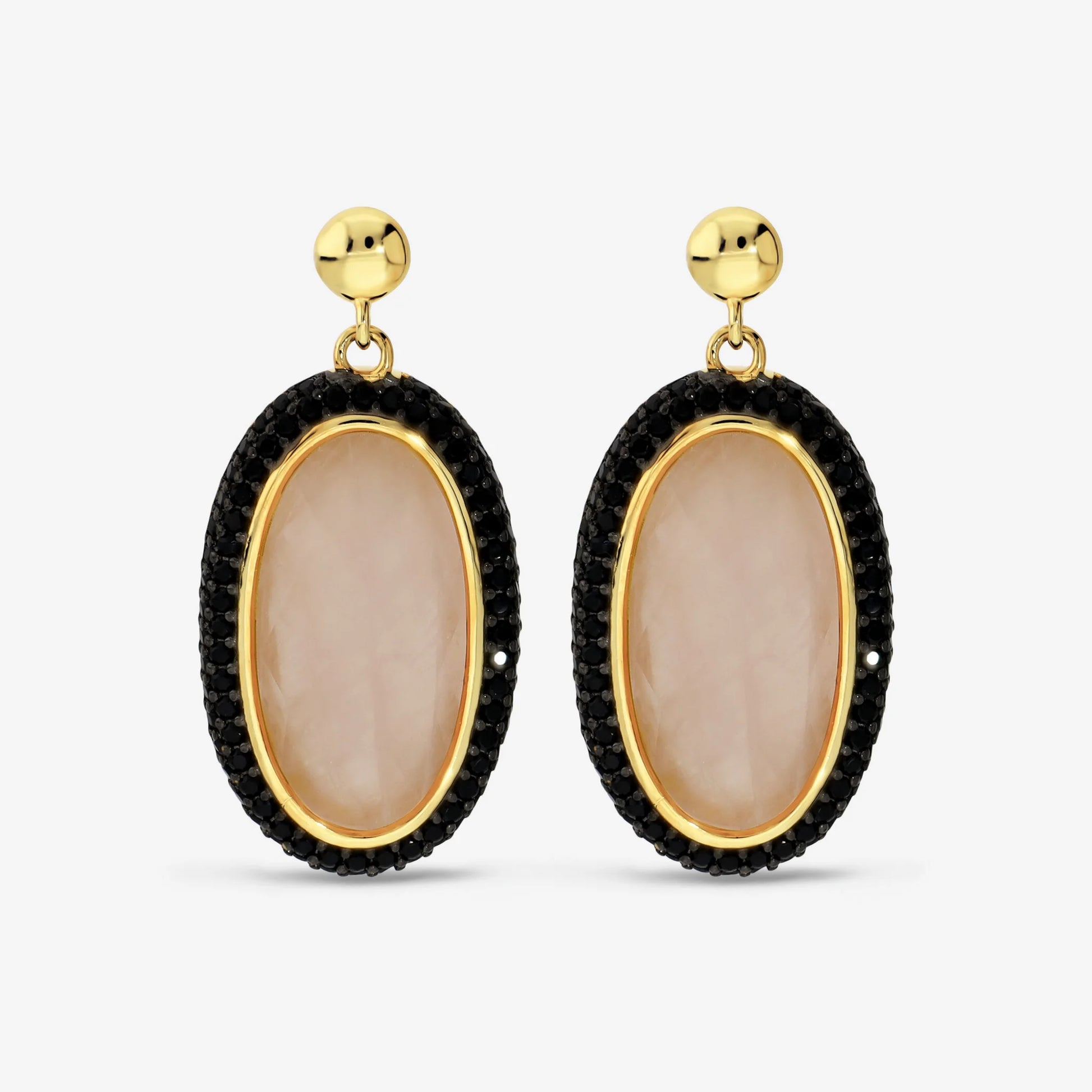 Orecchini Pendenti in Argento 925 placcato Oro Giallo 18Kt con Quarzo Rosa Sfaccettato e Pavé di Spinelli Neri Orecchini Pendenti in Argento 925 placcato Oro Giallo 18Kt con Quarzo Rosa Sfaccettato e Pavé di Spinelli Neri