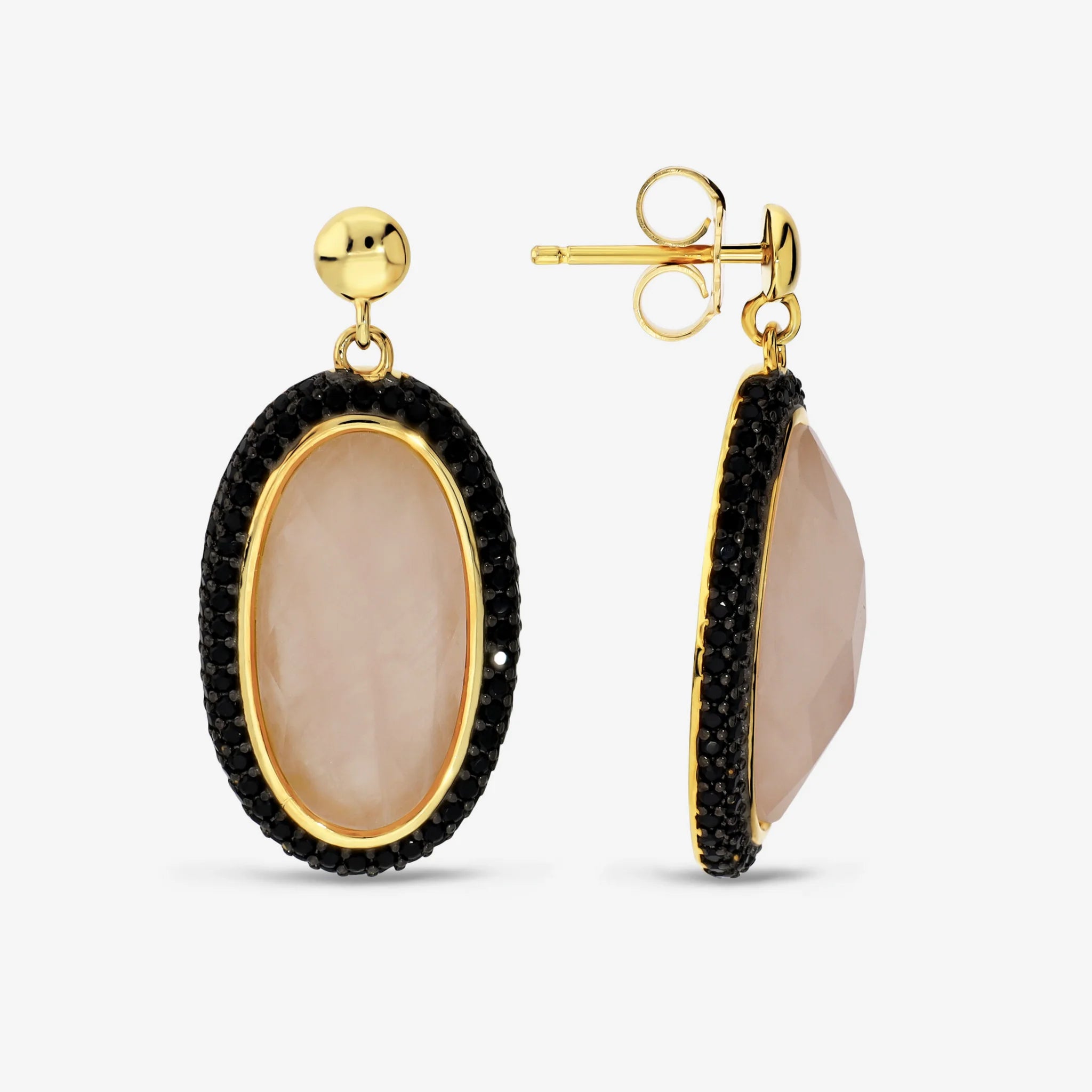 Orecchini Pendenti in Argento 925 placcato Oro Giallo 18Kt con Quarzo Rosa Sfaccettato e Pavé di Spinelli Neri