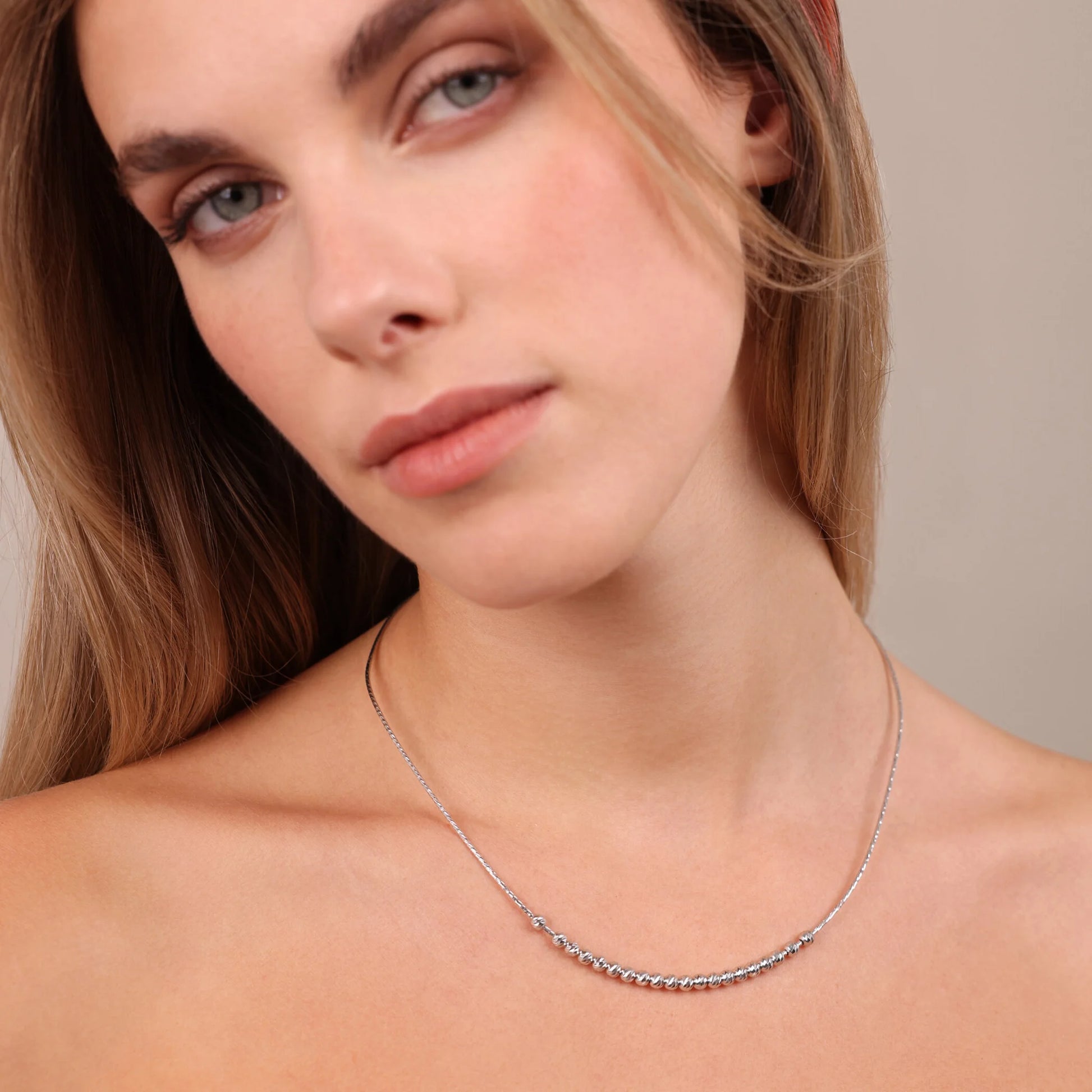 Collana Girocollo Maglia Omega in Argento 925 placcato Platino con Bead Diamantate