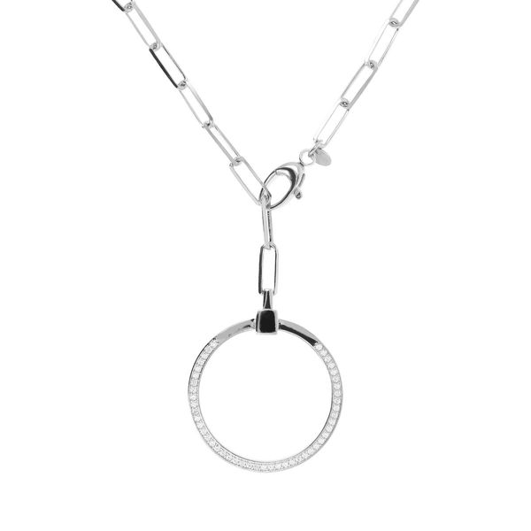 DUO Elongated Oval Link Necklace with Removable Pendant in Rhodium Plated 925 Silver