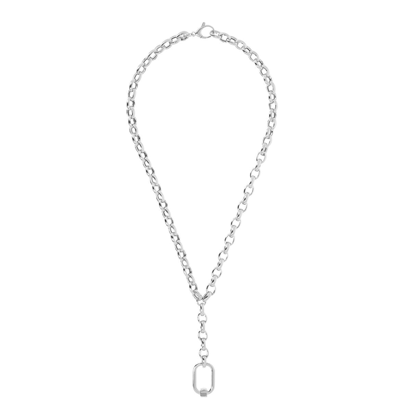 DUO Tie Rolo Necklace with Rectangular Pendant in Rhodium Plated 925 Silver