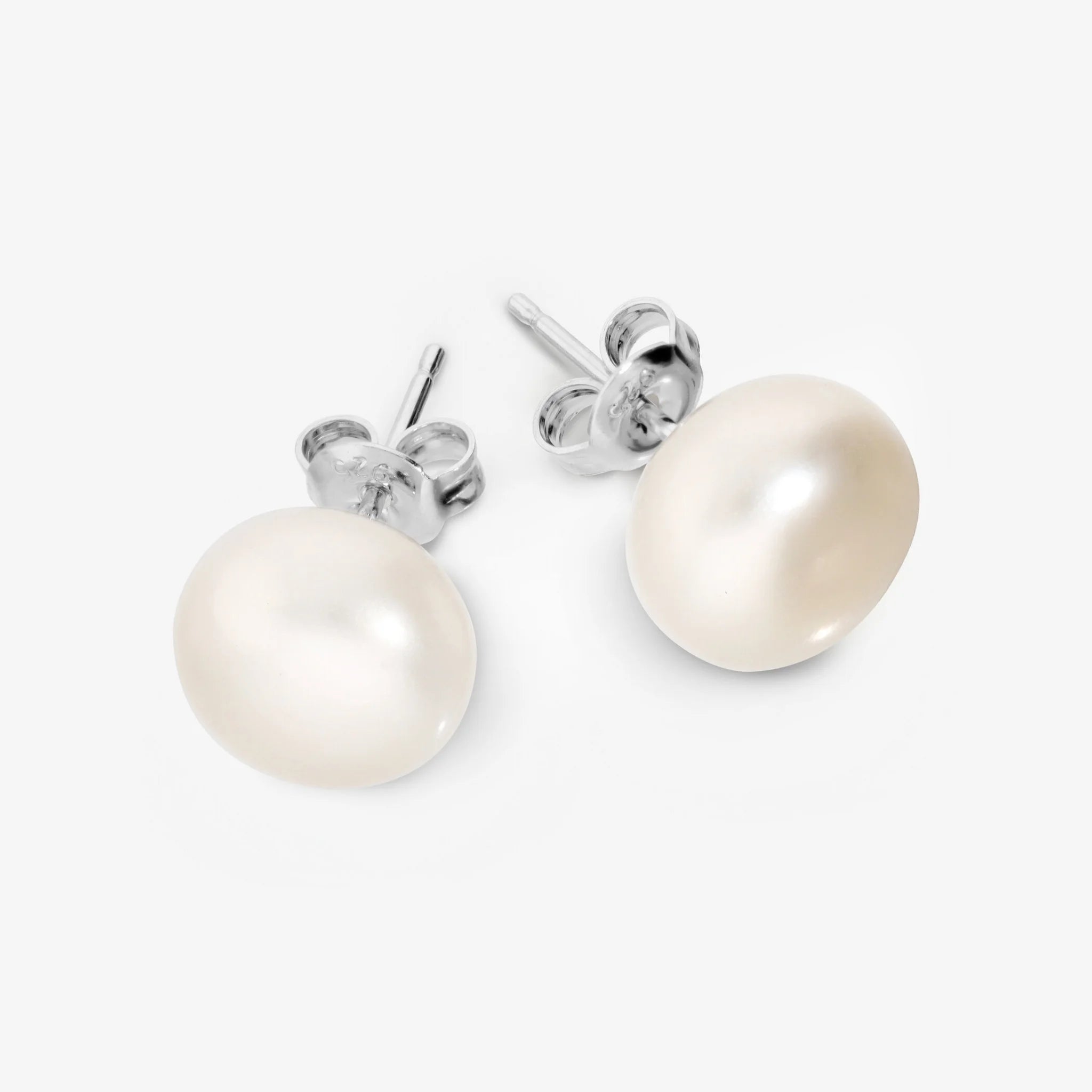 Orecchini in Argento 925 placcato Oro Bianco 18Kt con Perle d'Acqua Dolce a Bottone Bianche Ø 9/10 mm