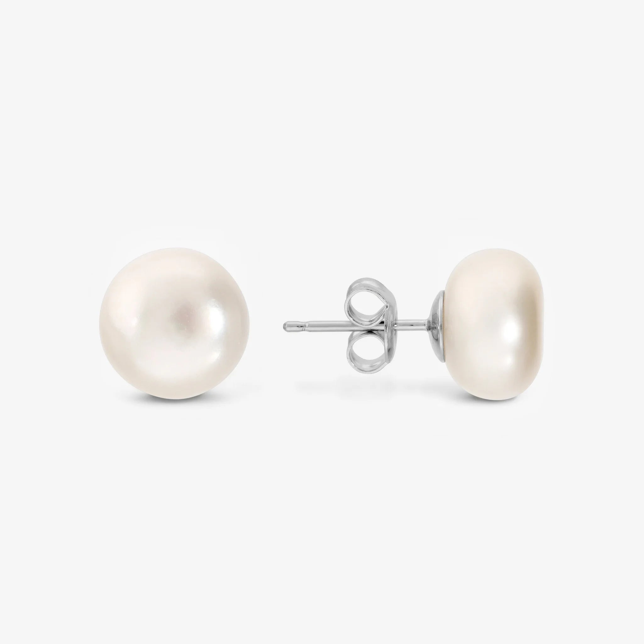 Orecchini in Argento 925 placcato Oro Bianco 18Kt con Perle d'Acqua Dolce a Bottone Bianche Ø 9/10 mm
