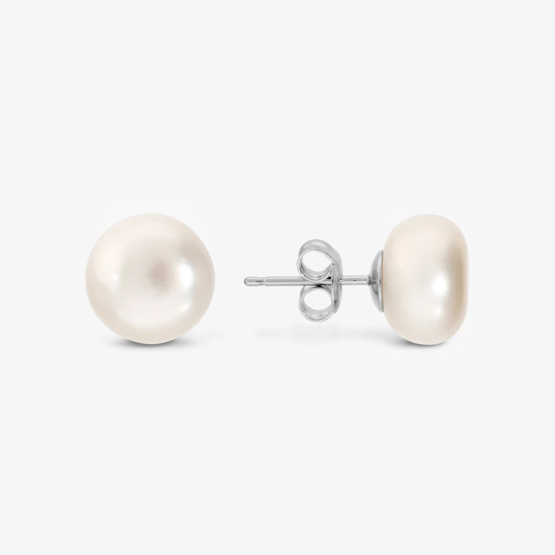 Orecchini in Argento 925 placcato Oro Bianco 18Kt con Perle d'Acqua Dolce a Bottone Bianche Ø 9/10 mm