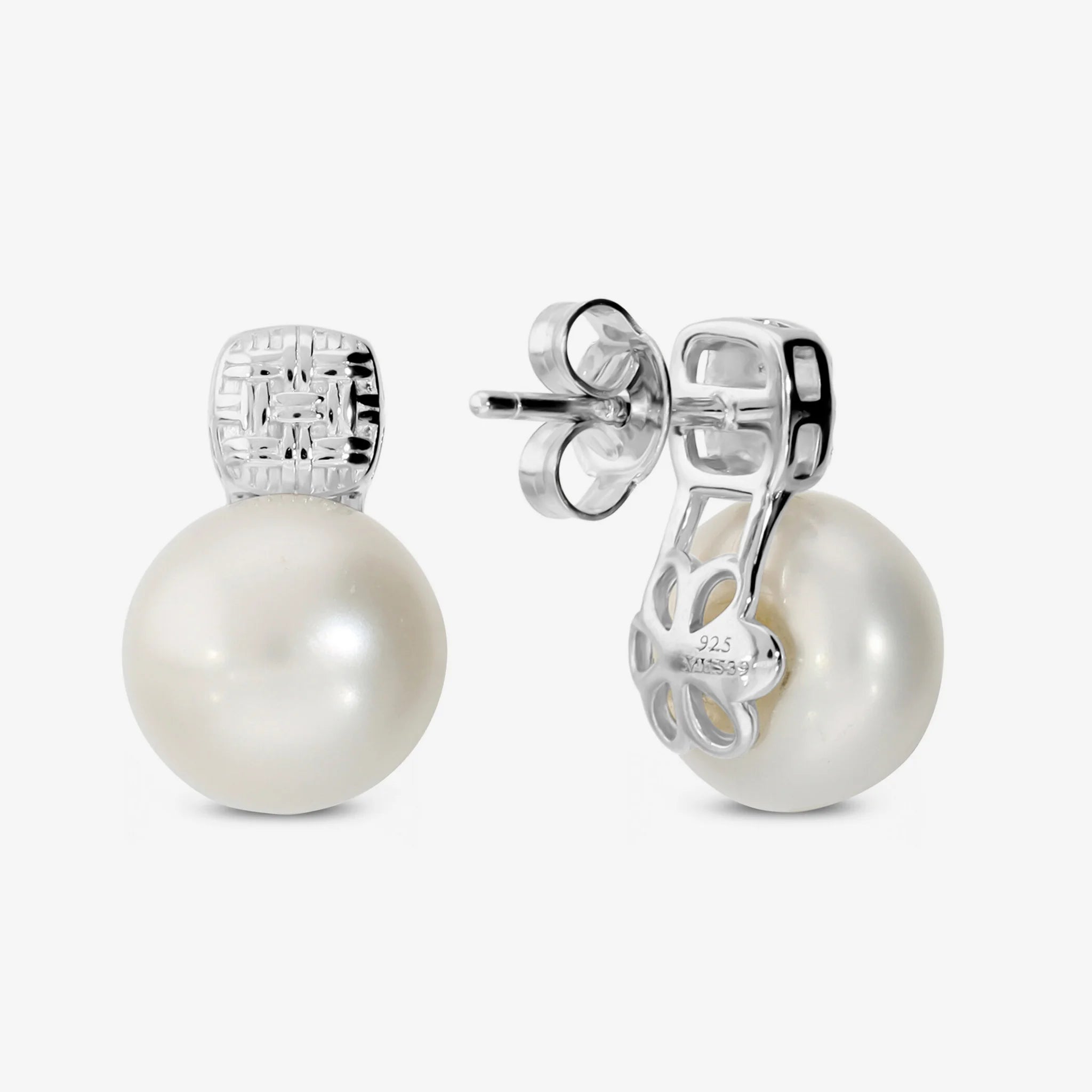 Orecchini in Argento 925 placcato Oro Bianco 18Kt con Perle Bianche d'Acqua Dolce Ø 10 mm
