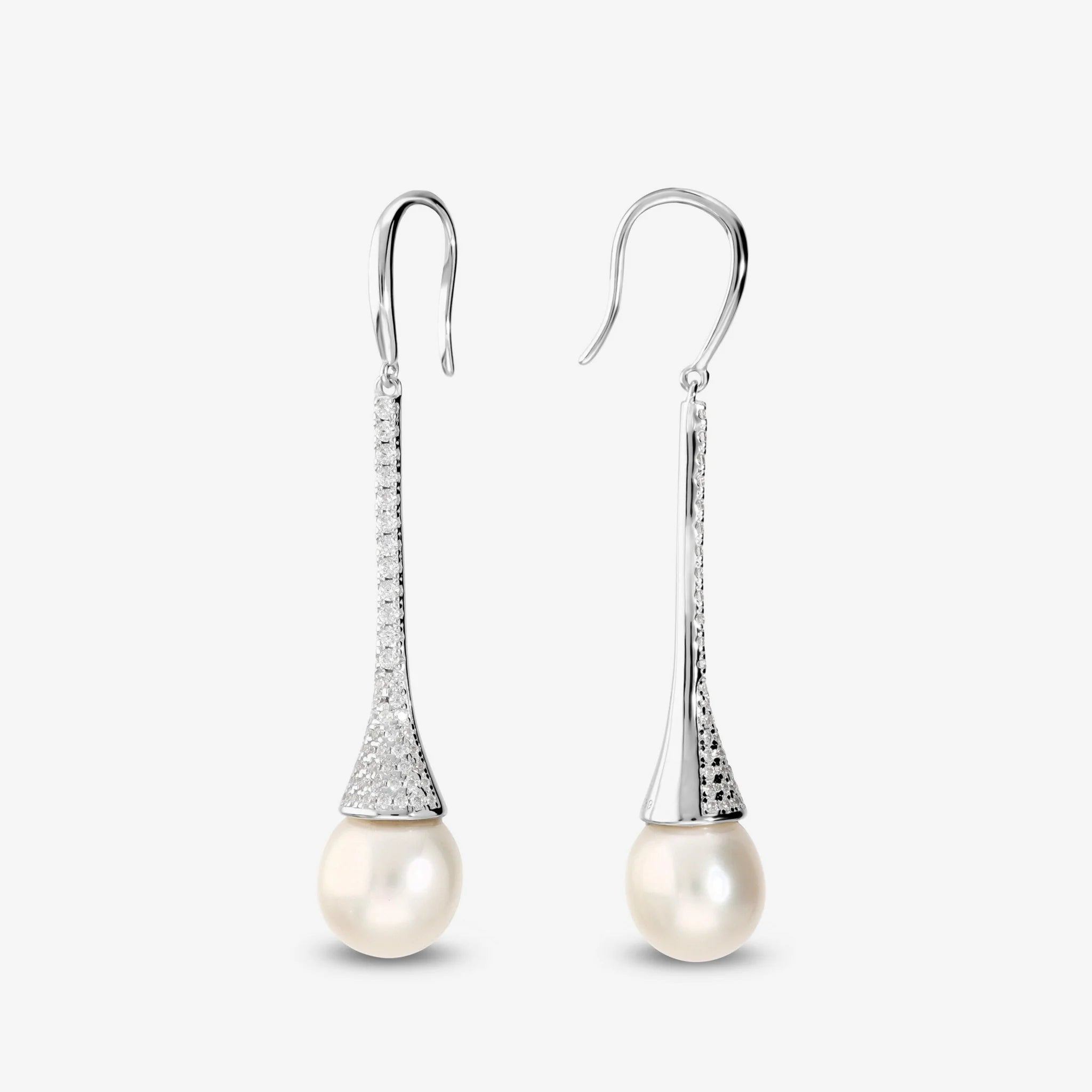Orecchini Pendenti in Argento 925 placcato Oro Bianco 18Kt con Cubic Zirconia e Perla Bianca d'Acqua Dolce Ø 8 mm