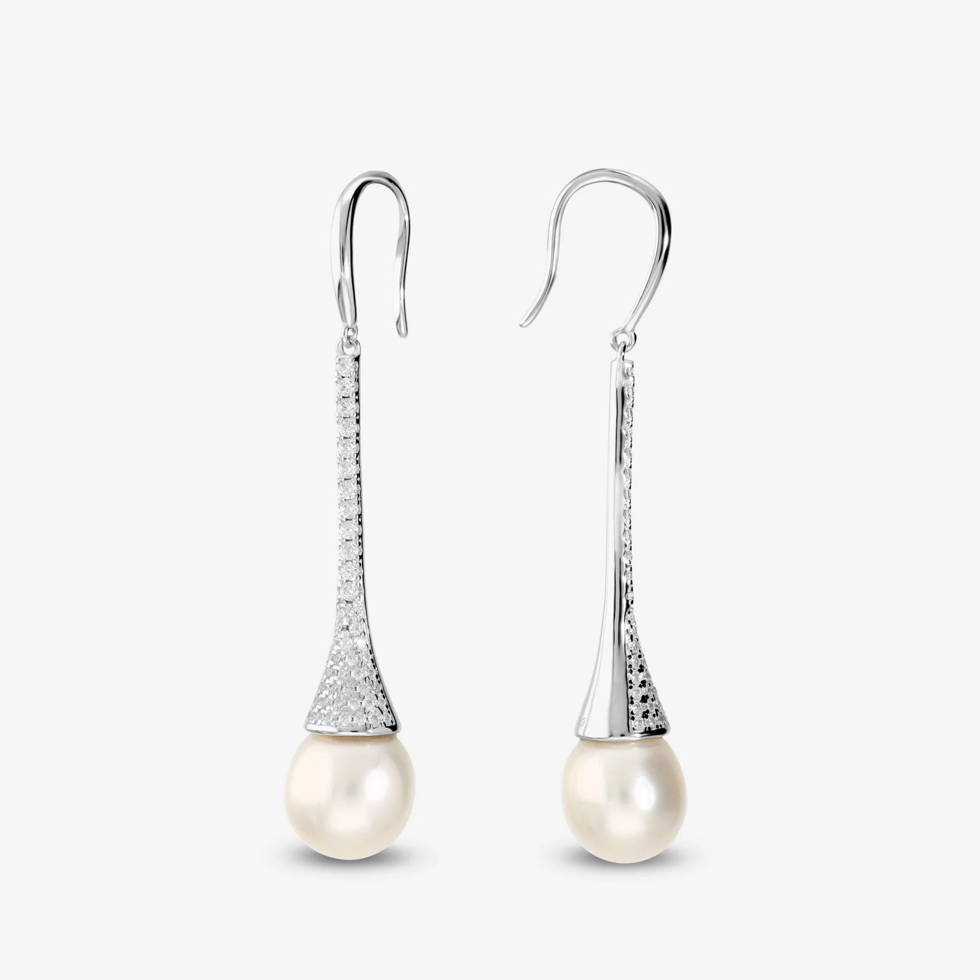 Orecchini Pendenti in Argento 925 placcato Oro Bianco 18Kt con Cubic Zirconia e Perla Bianca d'Acqua Dolce Ø 8 mm