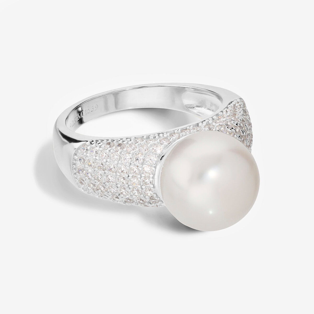 Anello Cocktail in Argento 925 placcato Oro Bianco 18Kt con Cubic Zirconia e Perla Bianca d'Acqua Dolce Ø 11 mm