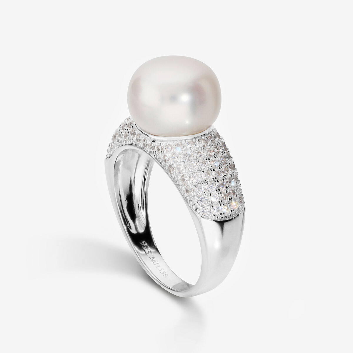Anello Cocktail in Argento 925 placcato Oro Bianco 18Kt con Cubic Zirconia e Perla Bianca d'Acqua Dolce Ø 11 mm