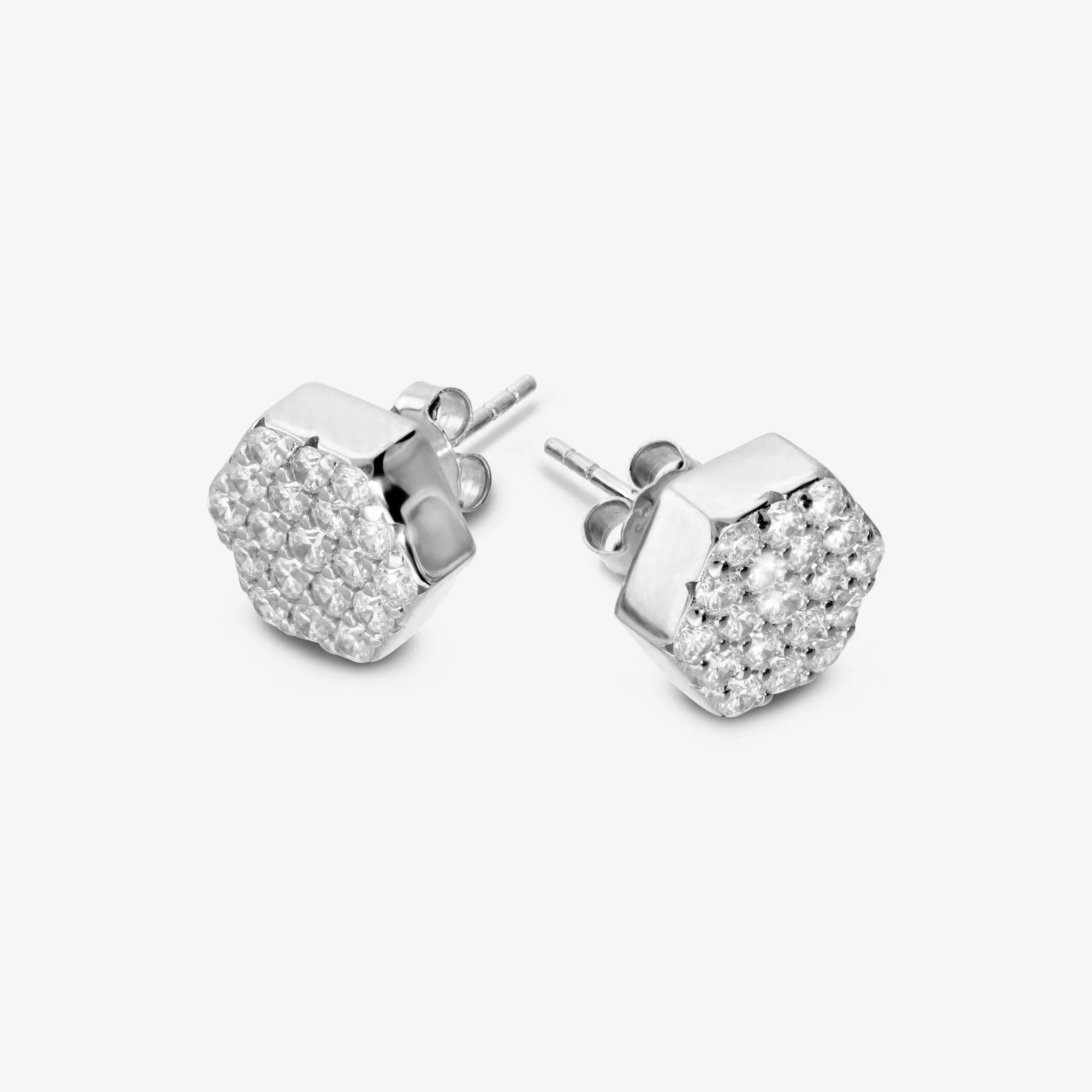Orecchini a Lobo Esagonali in Argento 925 placcato Platino con Pavé di Cubic Zirconia