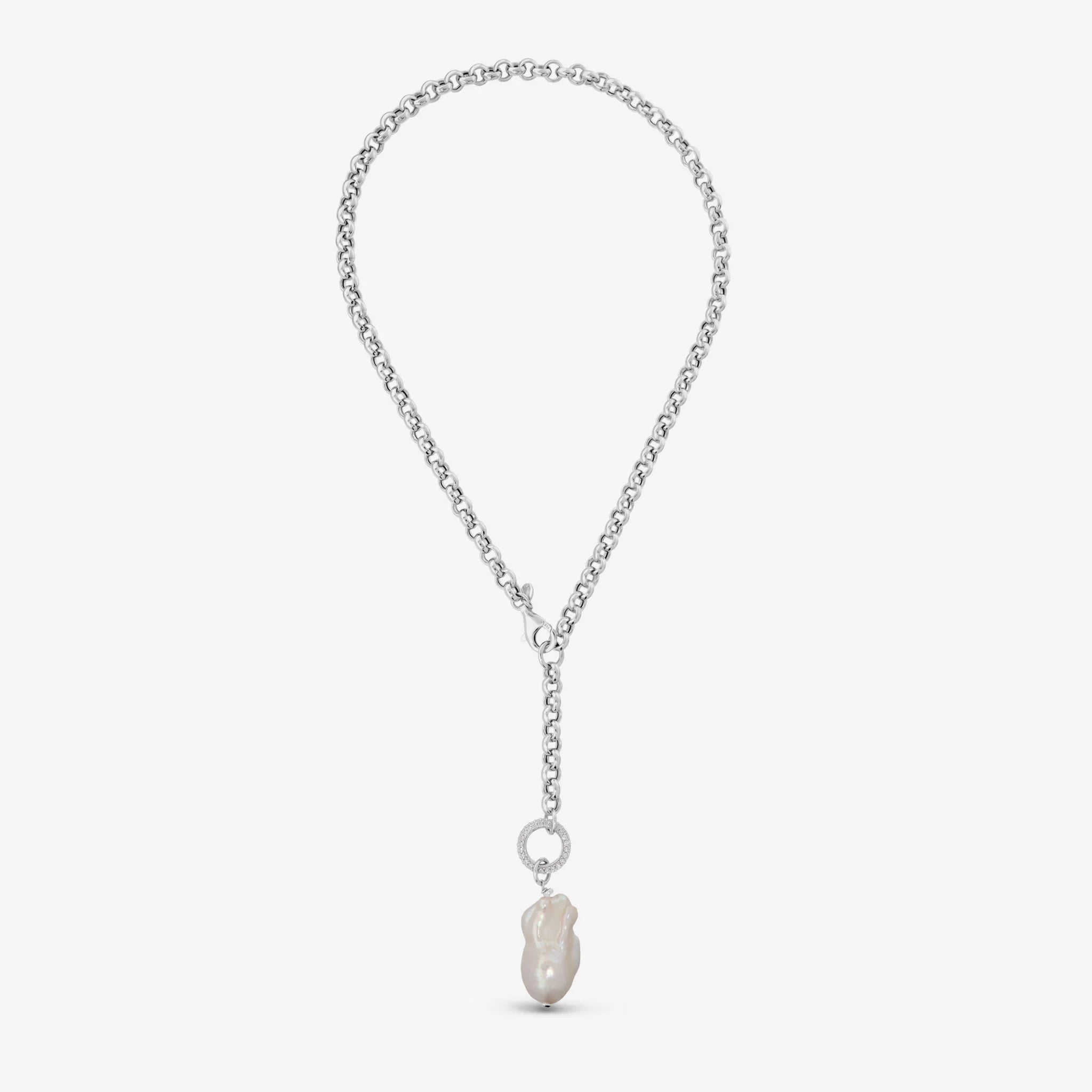 Collana a Cravatta in Argento 925 placcato Oro Bianco 18Kt con Cubic Zirconia e Perla Scaramazza Bianca