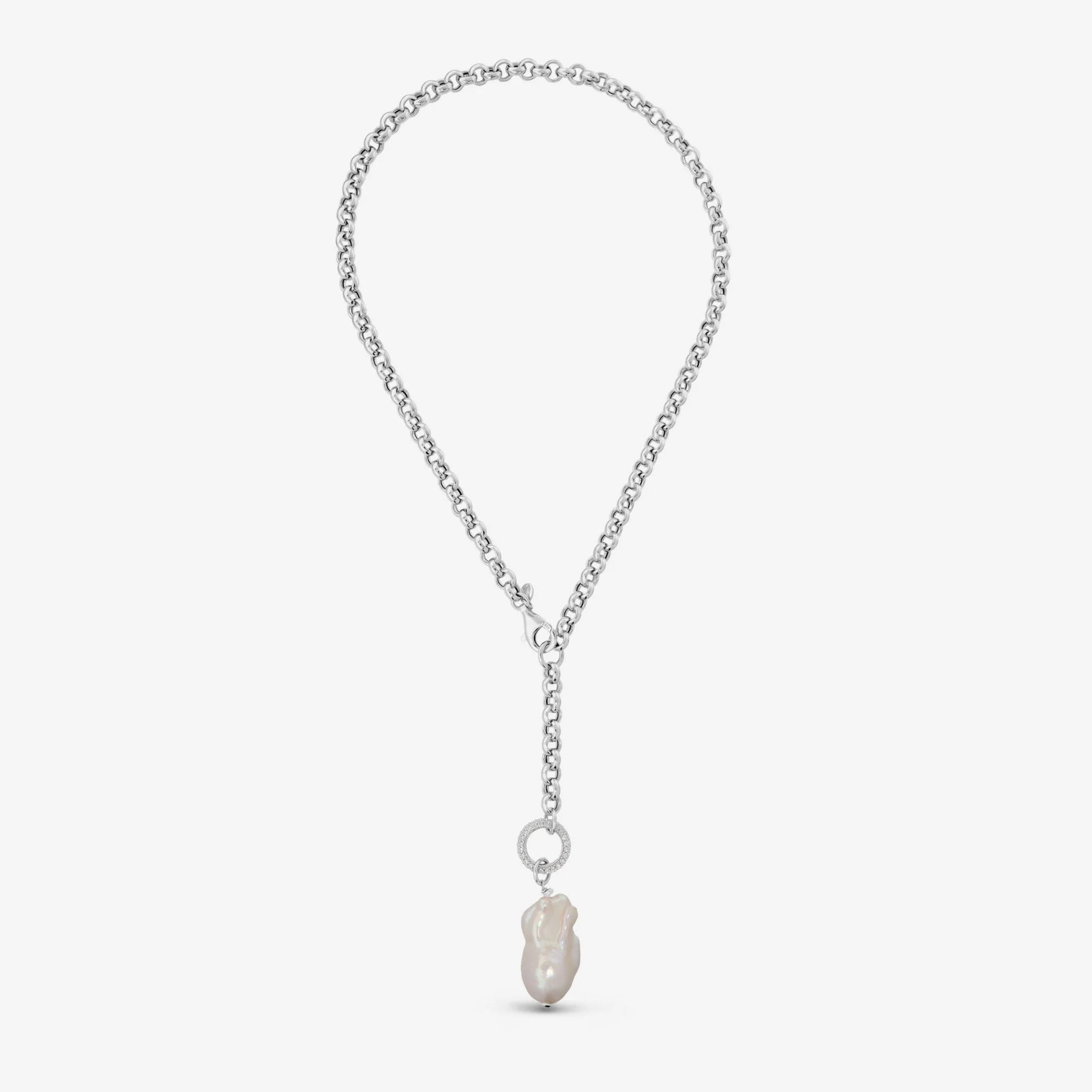 Collana a Cravatta in Argento 925 placcato Oro Bianco 18Kt con Cubic Zirconia e Perla Scaramazza Bianca