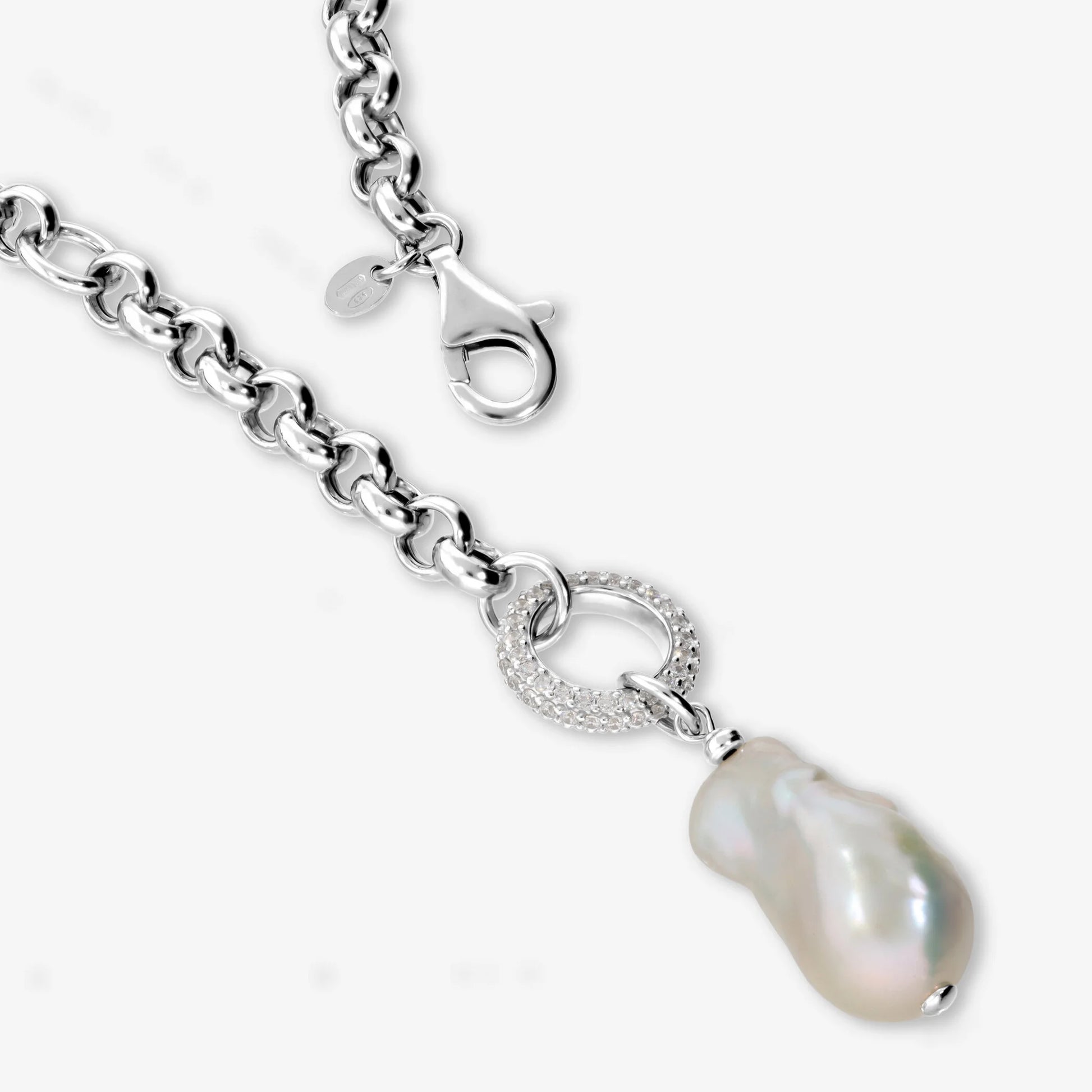 Collana a Cravatta in Argento 925 placcato Oro Bianco 18Kt con Cubic Zirconia e Perla Scaramazza Bianca
