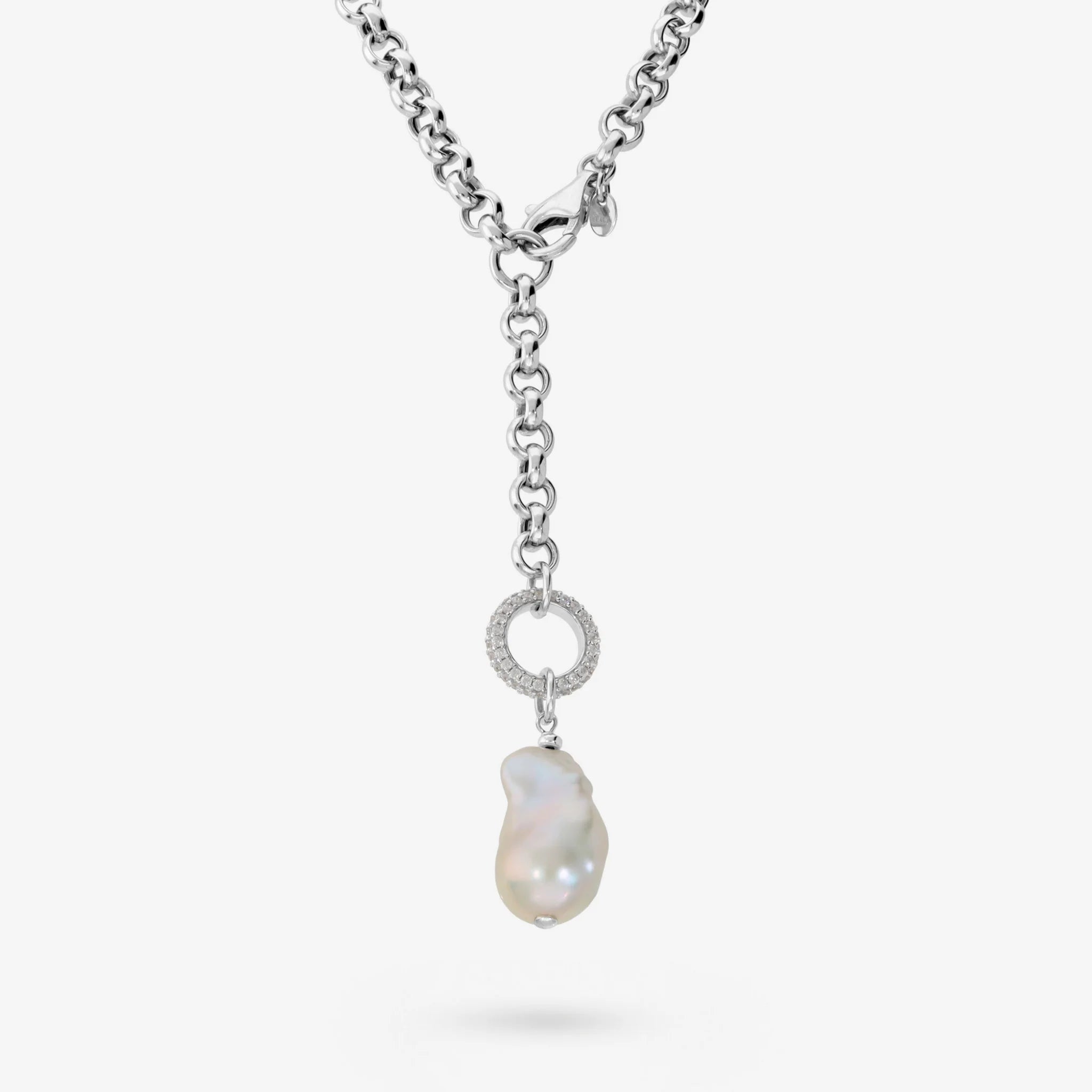 Collana a Cravatta in Argento 925 placcato Oro Bianco 18Kt con Cubic Zirconia e Perla Scaramazza Bianca
