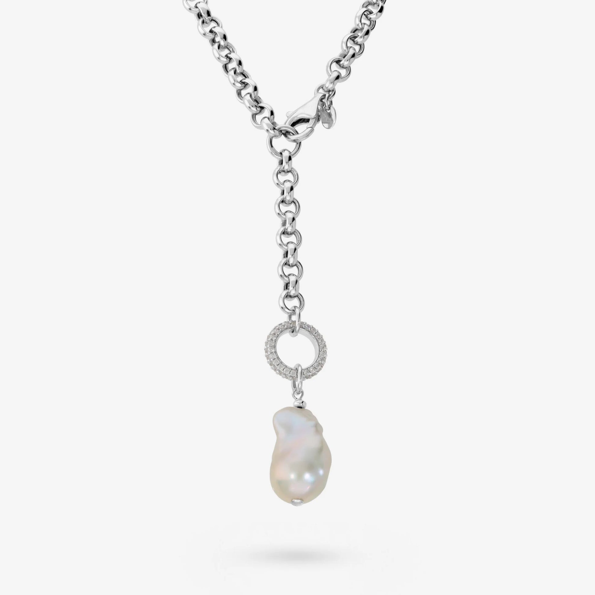 Collana a Cravatta in Argento 925 placcato Oro Bianco 18Kt con Cubic Zirconia e Perla Scaramazza Bianca