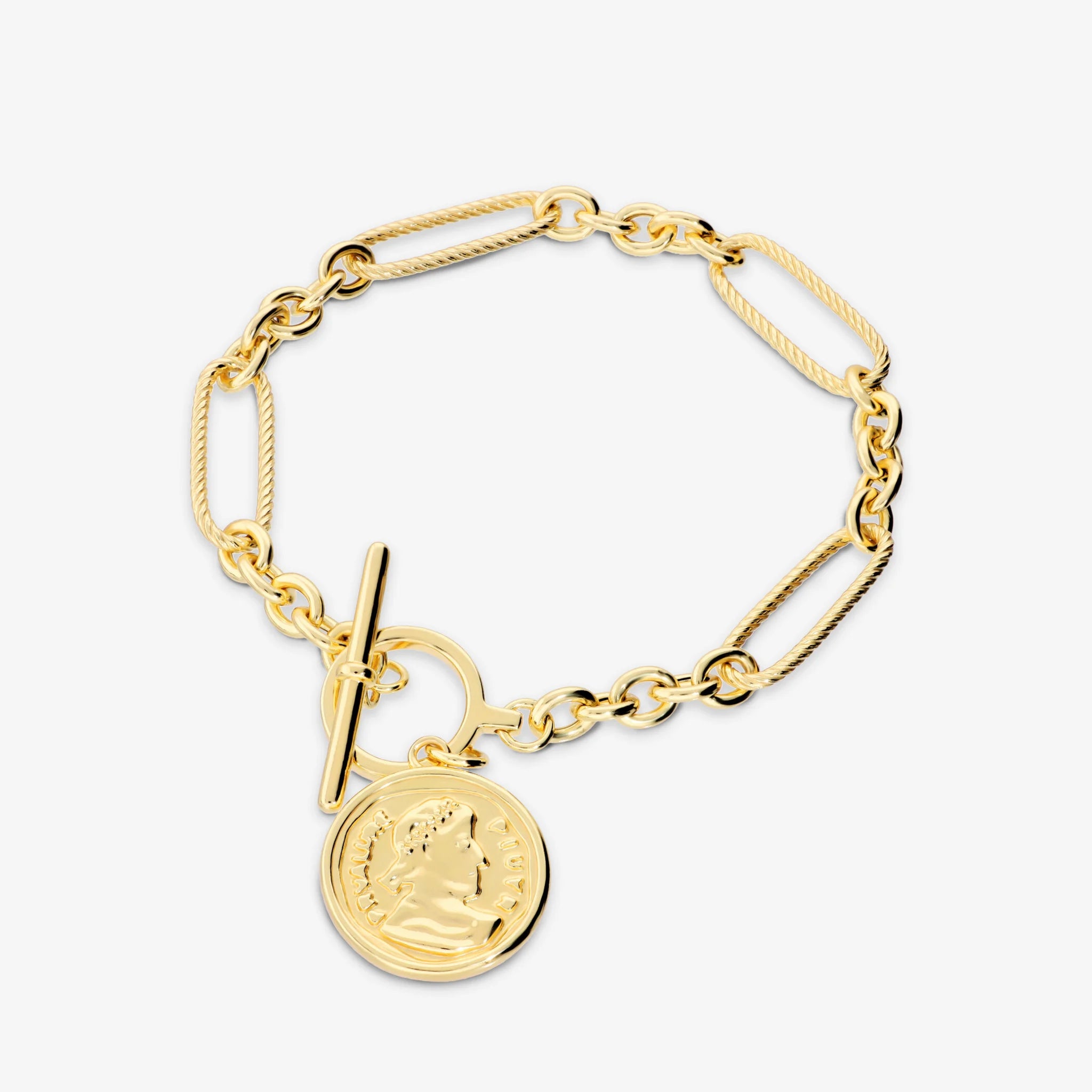 Bracciale in Argento 925 placcato Oro Giallo 18Kt con Maglie Alternate e Moneta