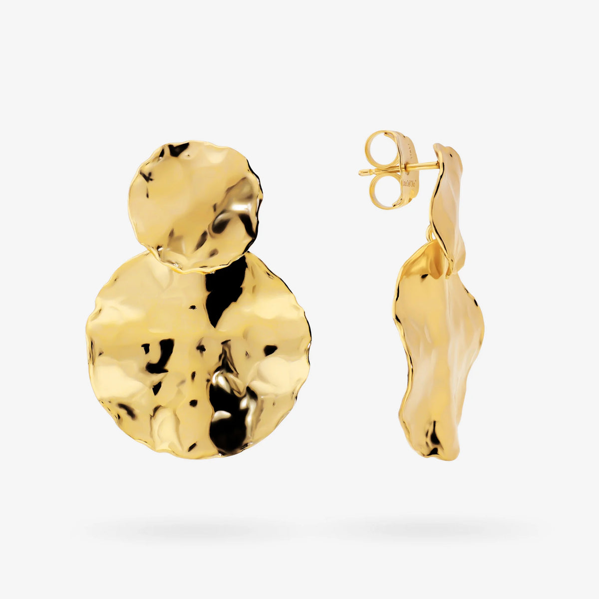 Orecchini Pendenti Martellati in Argento 925 placcati Oro Giallo 18kt con Doppio Disco Graduato