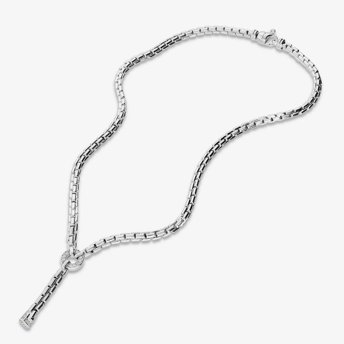 Collana a Cravatta Maglia Veneziana placcata Platino con Dettaglio in Pavé di Cubic Zirconia