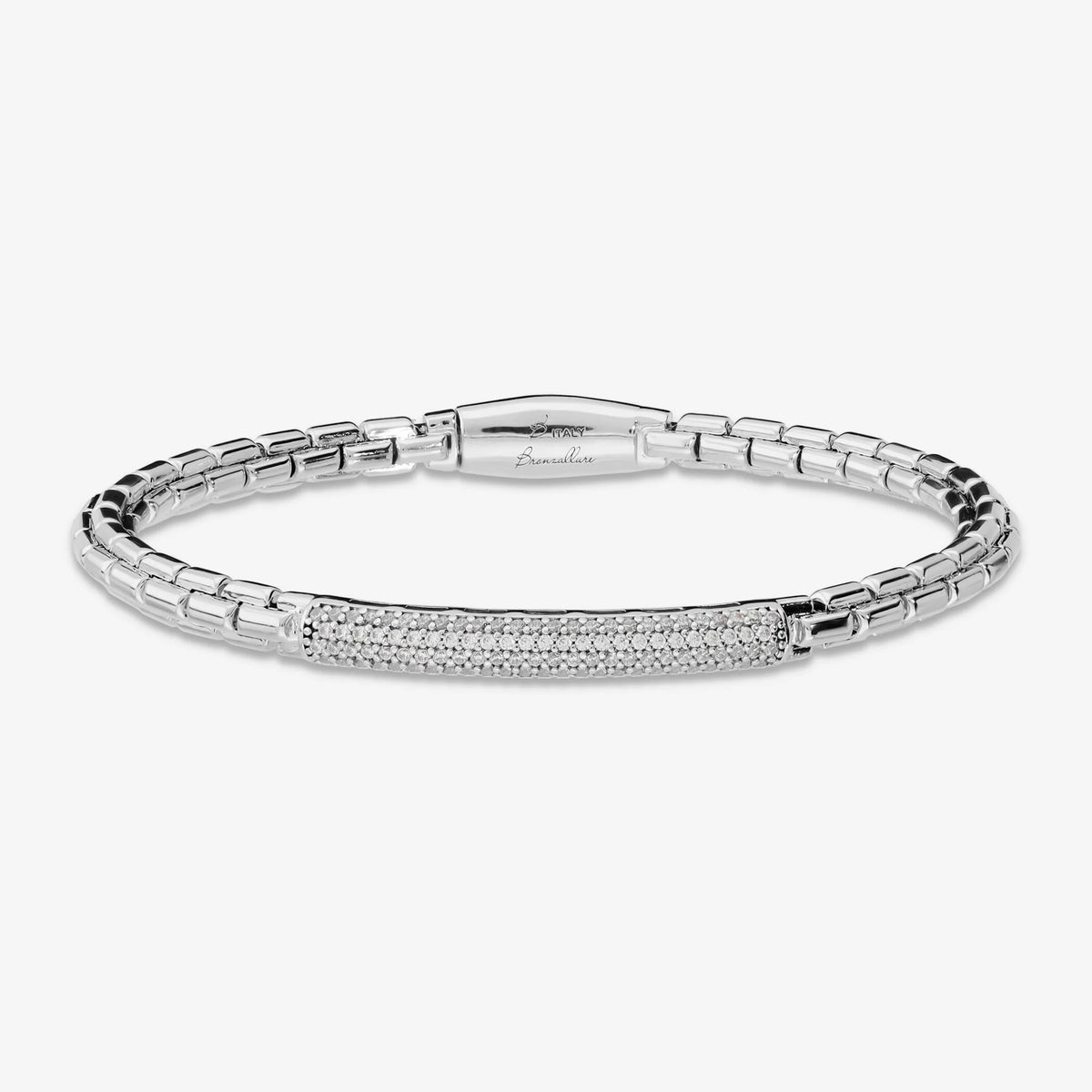 Bracciale Semirigido Maglia Veneziana placcata Platino con Placchetta in Pavé di Cubic Zirconia