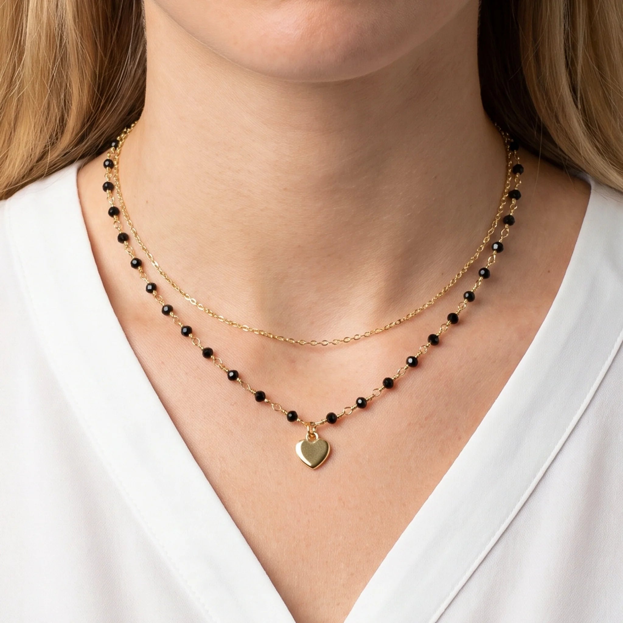 Collana Rosario Doppia placcata Oro Giallo 18Kt con Cuore e Onice Nero