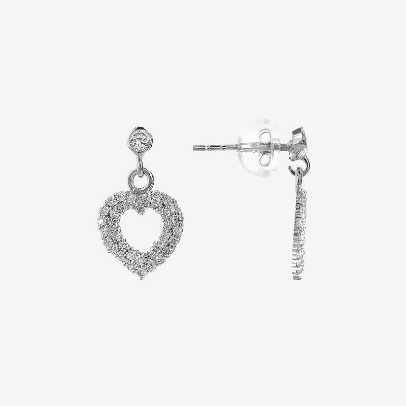 Boucles d'oreilles pendantes en forme de cœur en or blanc 375 avec pavé de diamants cultivés en laboratoire 0,276 ct
