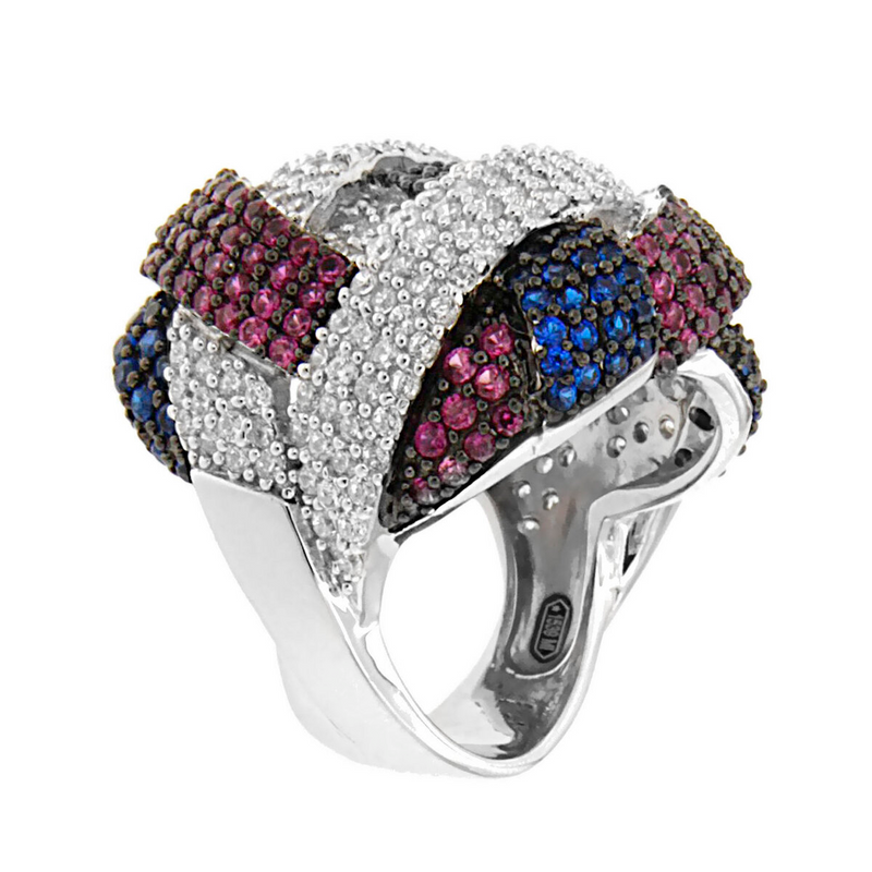 Chevalier Ring with Pavé Weaving in White Cubic Zirconia and Pink and Blue Corundums