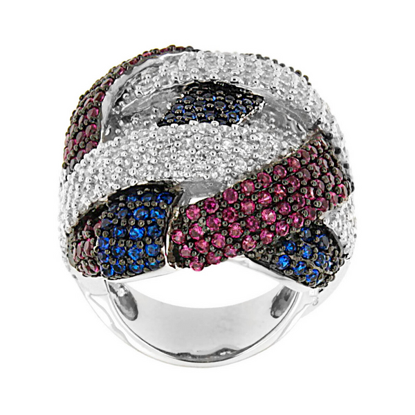 Chevalier Ring with Pavé Weaving in White Cubic Zirconia and Pink and Blue Corundums