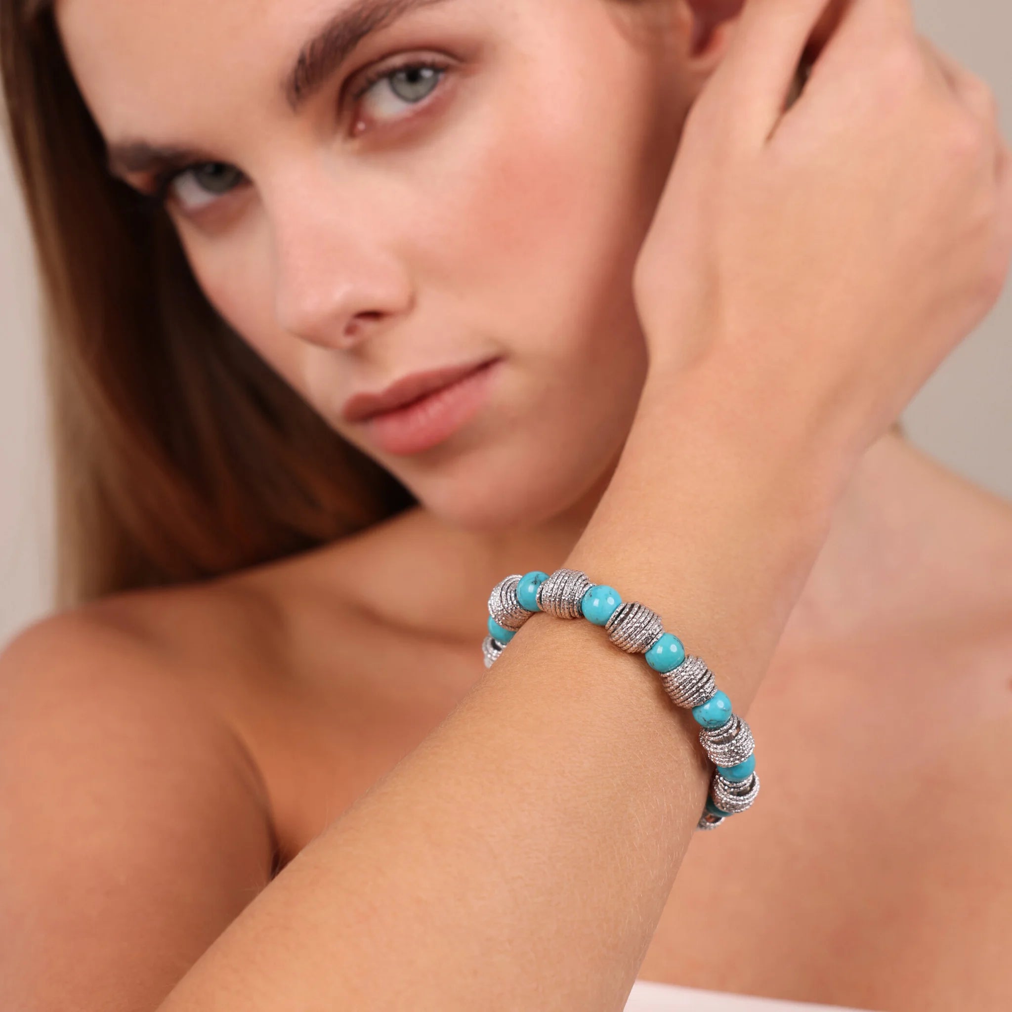 Bracelet in 925 Silver plated Platinum with Worked Rings and Turquoise