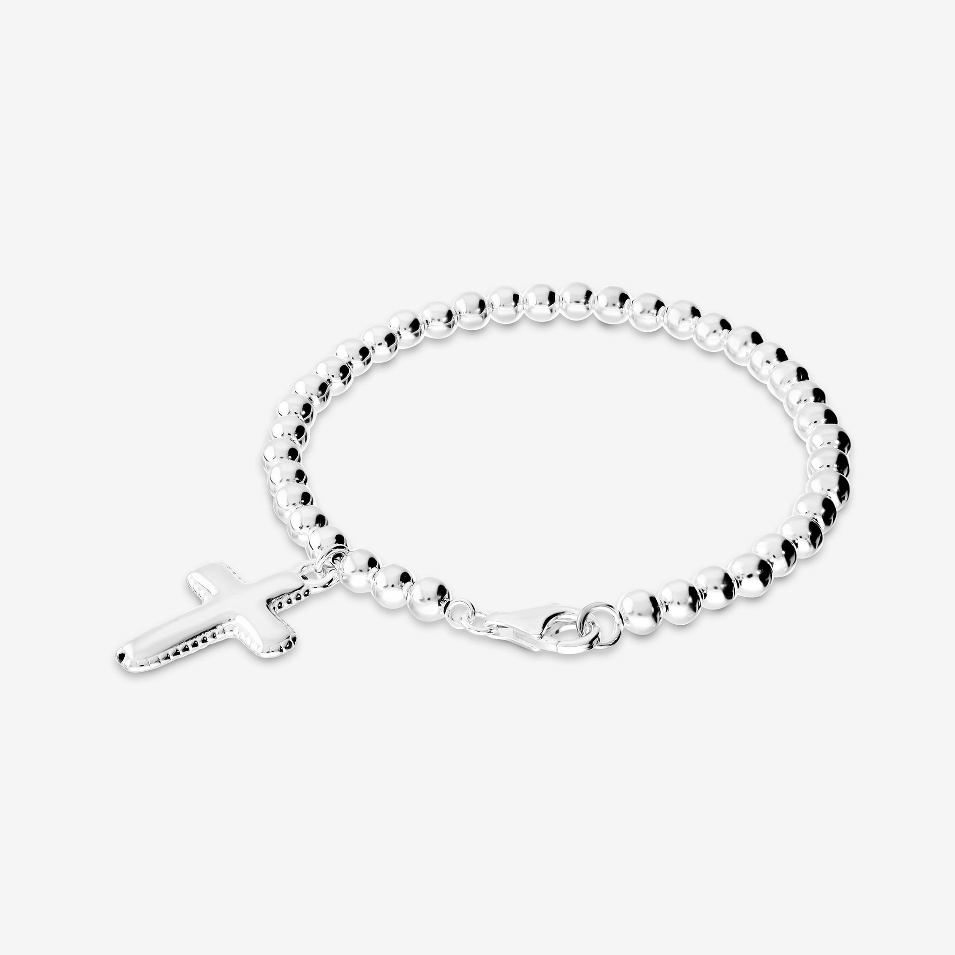 Bracelet of Shiny Beads in 925 Silver Plated Platinum with Cross Pendant