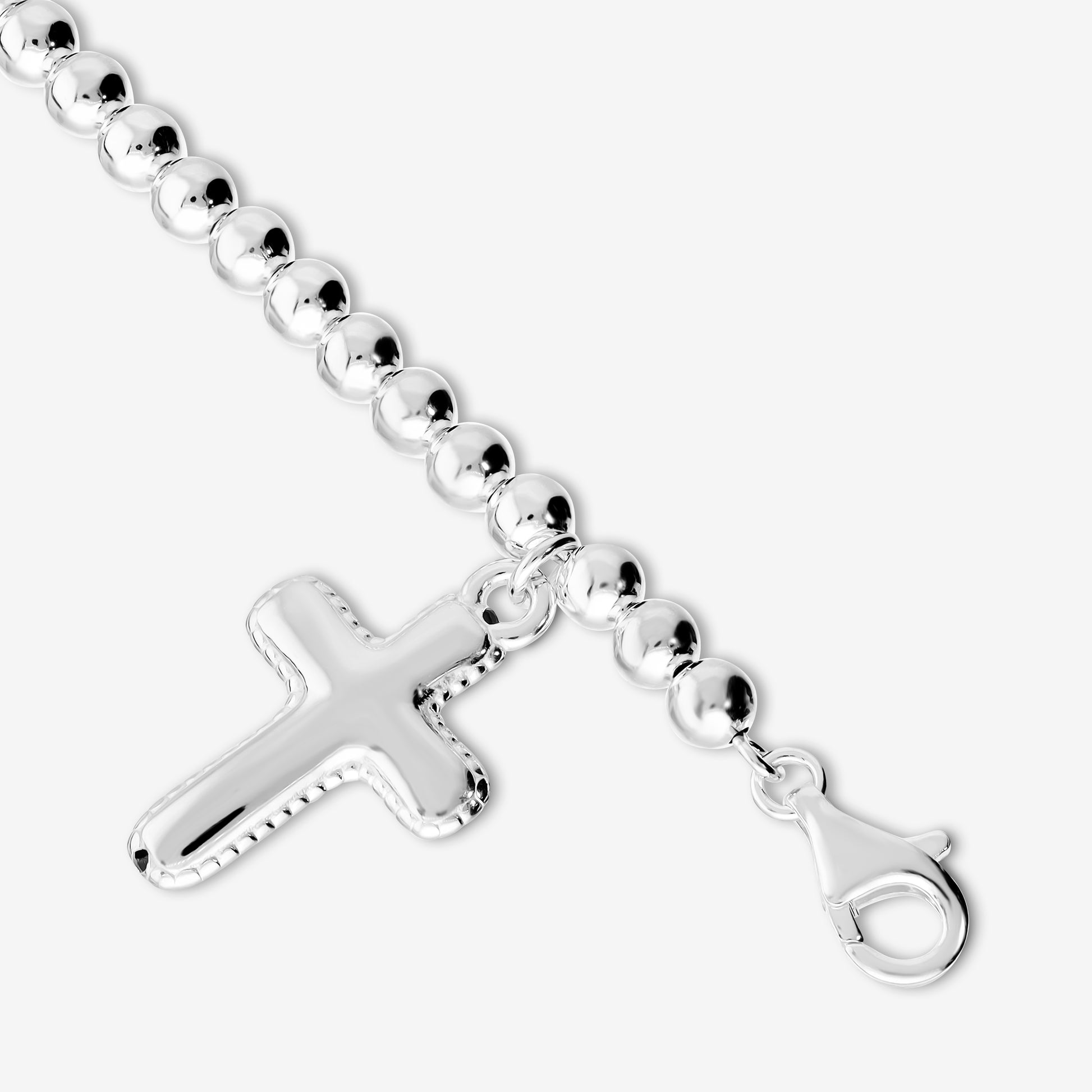 Bracelet of Shiny Beads in 925 Silver Plated Platinum with Cross Pendant