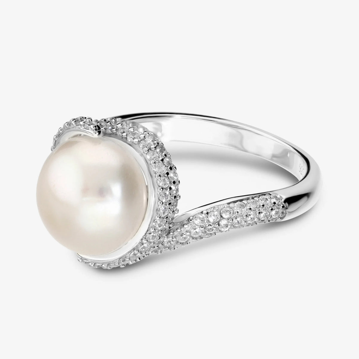 Anello Solitario in Argento 925 con Pavé in Cubic Zirconia e Perla a Bottone Bianca d'Acqua Dolce Ø 11/12 mm