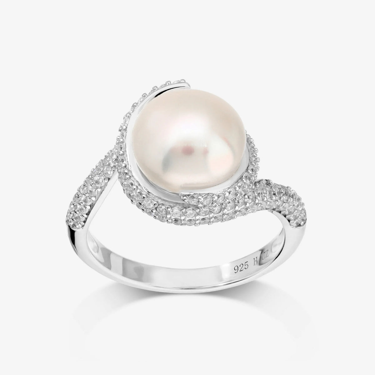 Anello Solitario in Argento 925 con Pavé in Cubic Zirconia e Perla a Bottone Bianca d'Acqua Dolce Ø 11/12 mm