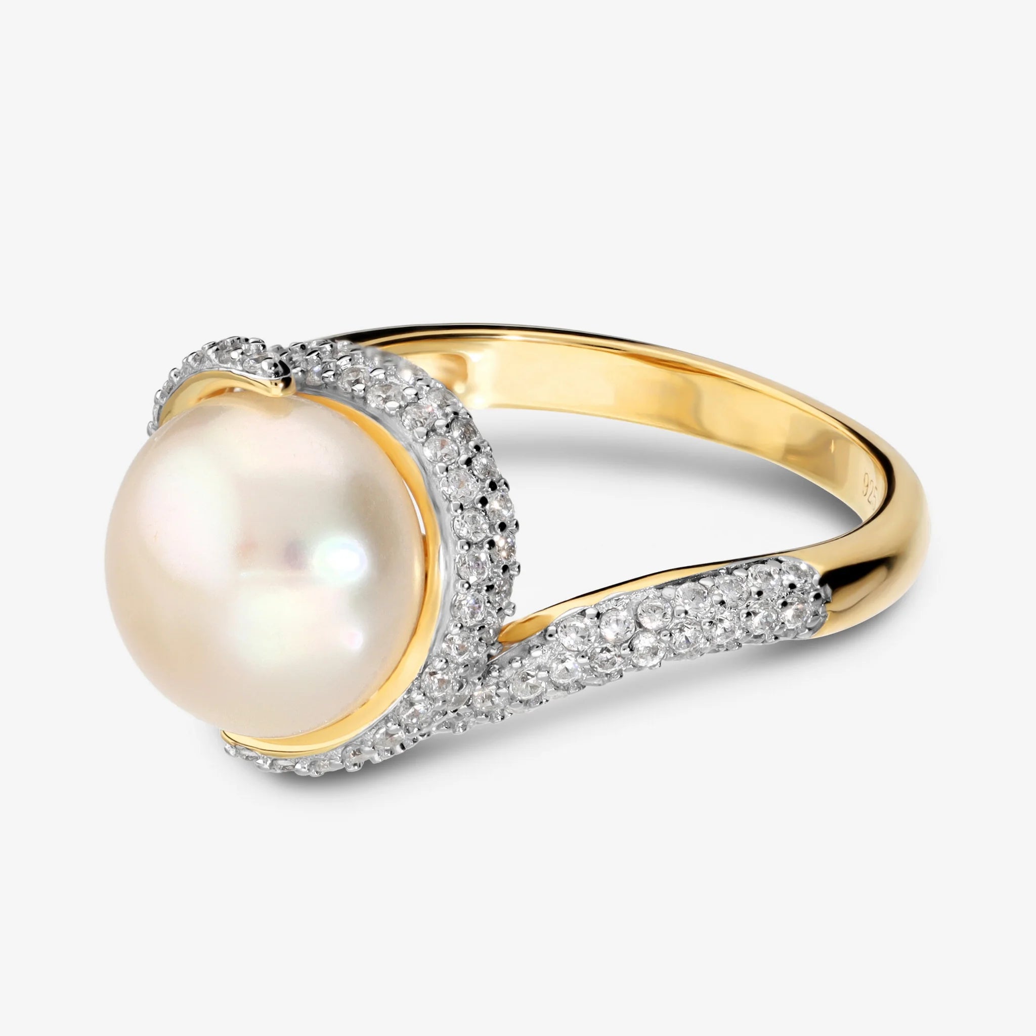Anello Solitario in Argento 925 con Pavé in Cubic Zirconia e Perla a Bottone Bianca d'Acqua Dolce Ø 11/12 mm