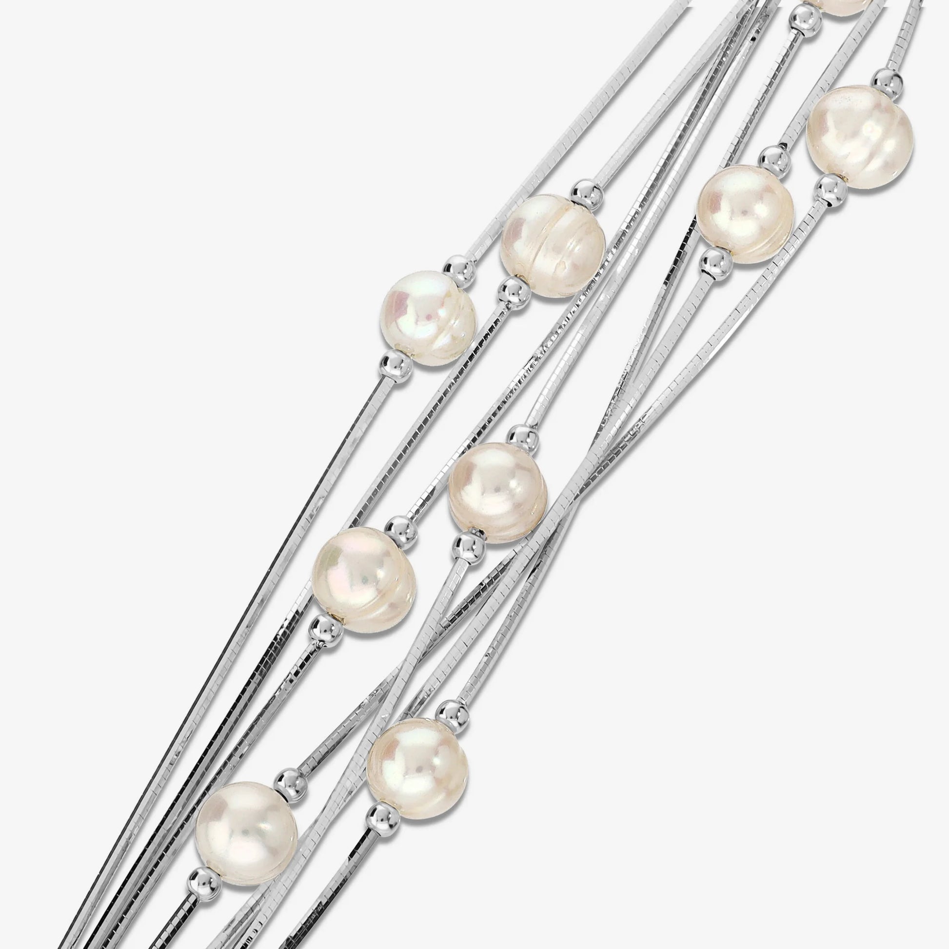 Bracciale Multifilo in Argento 925 placcato Oro Bianco 18Kt con Perle d'Acqua Dolce Bianche Ø 7/8 mm