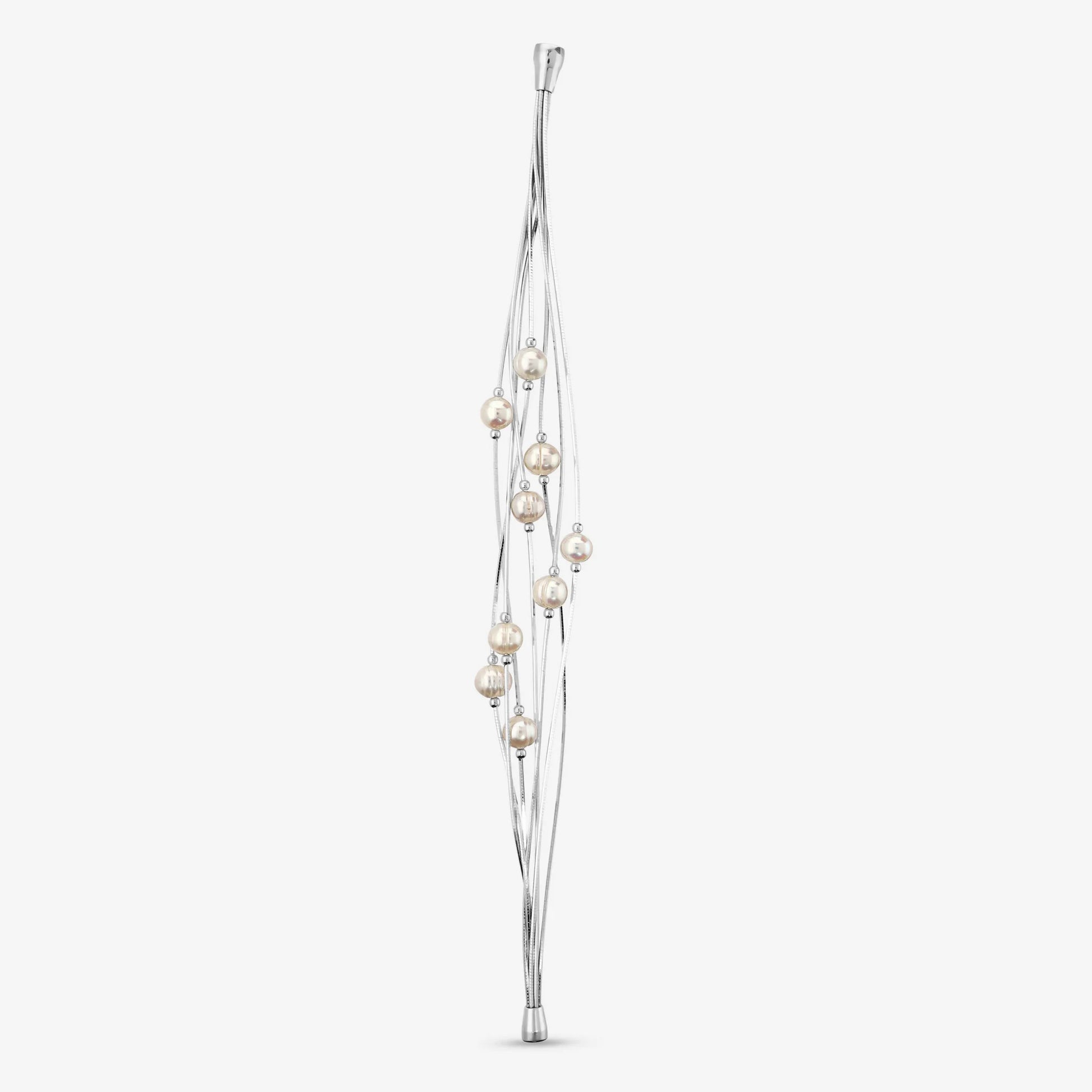 Bracciale Multifilo in Argento 925 placcato Oro Bianco 18Kt con Perle d'Acqua Dolce Bianche Ø 7/8 mm