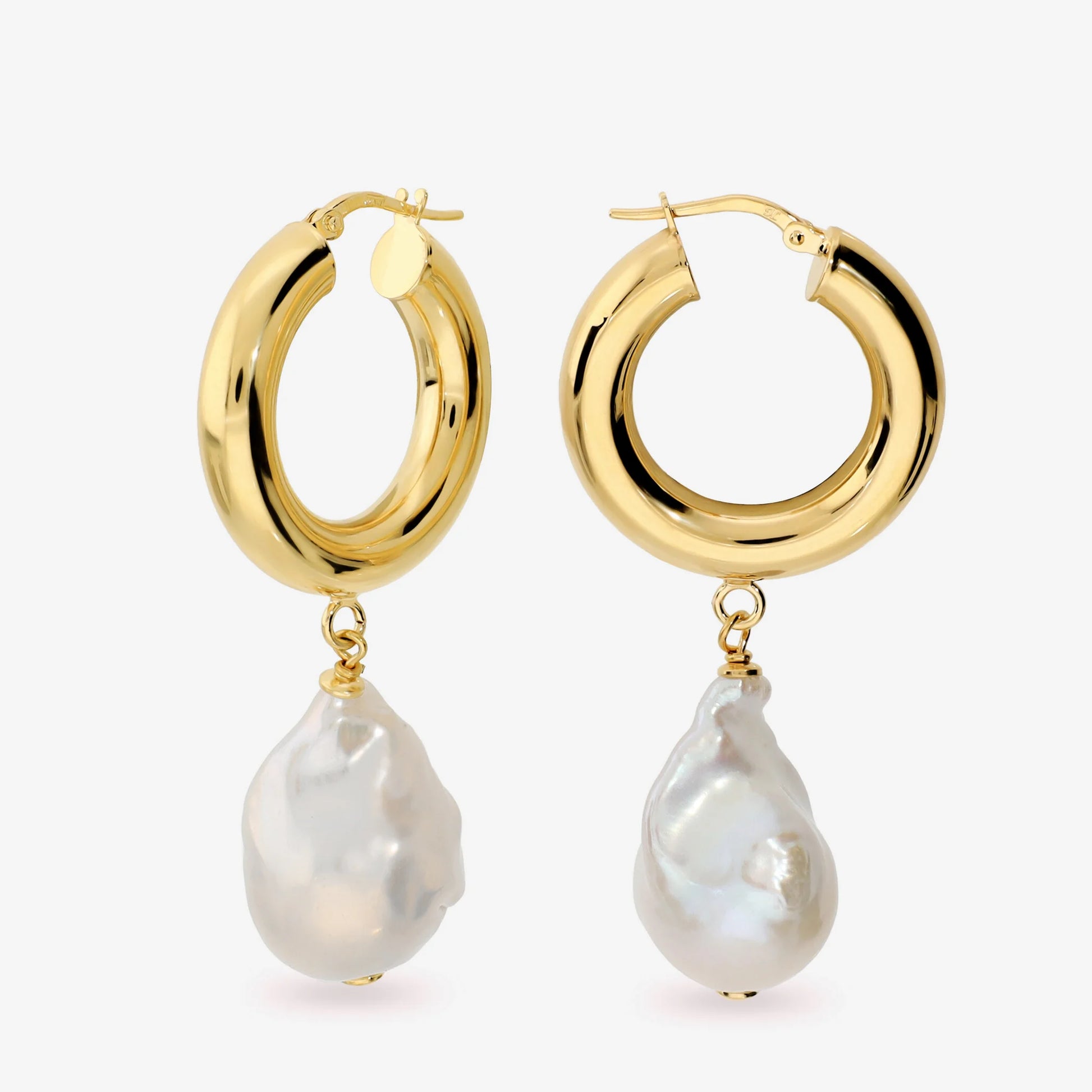 Hoop Earrings Plated with 18Kt Yellow Gold with White Baroque Freshwater Pearls