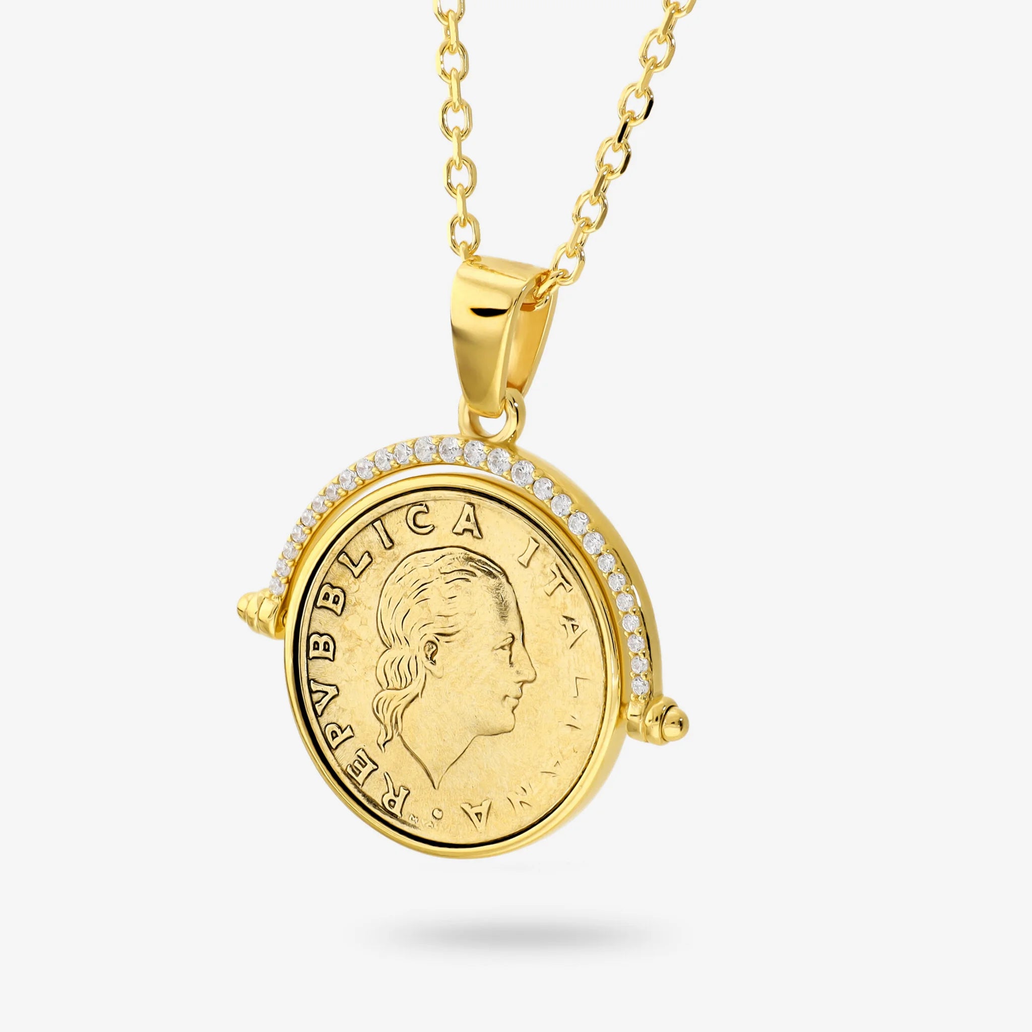 Collana in Argento 925 placcato Oro Giallo 18Kt con Cubic Zirconia e Moneta 200 Lire