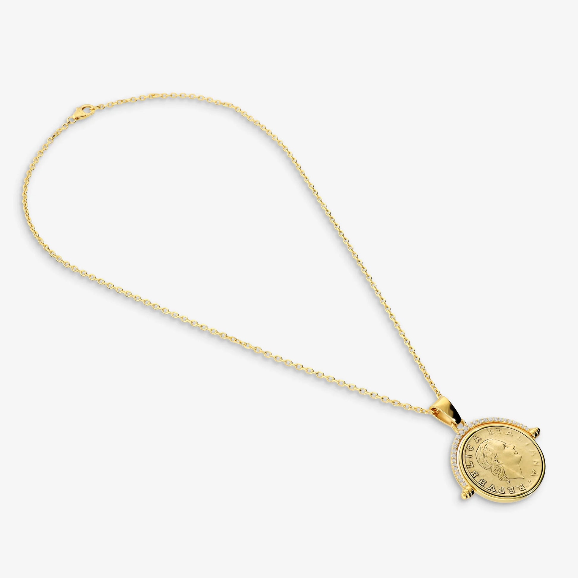 Collana in Argento 925 placcato Oro Giallo 18Kt con Cubic Zirconia e Moneta 200 Lire