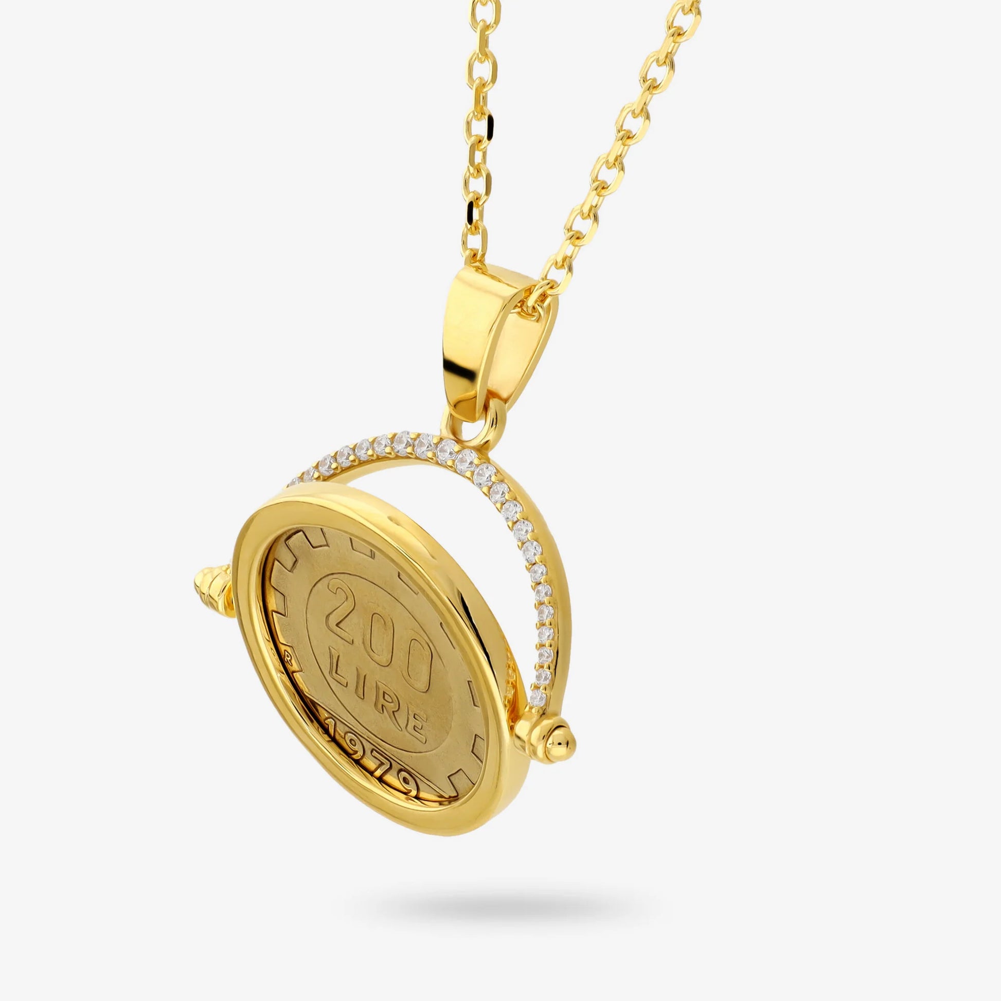 Collana in Argento 925 placcato Oro Giallo 18Kt con Cubic Zirconia e Moneta 200 Lire