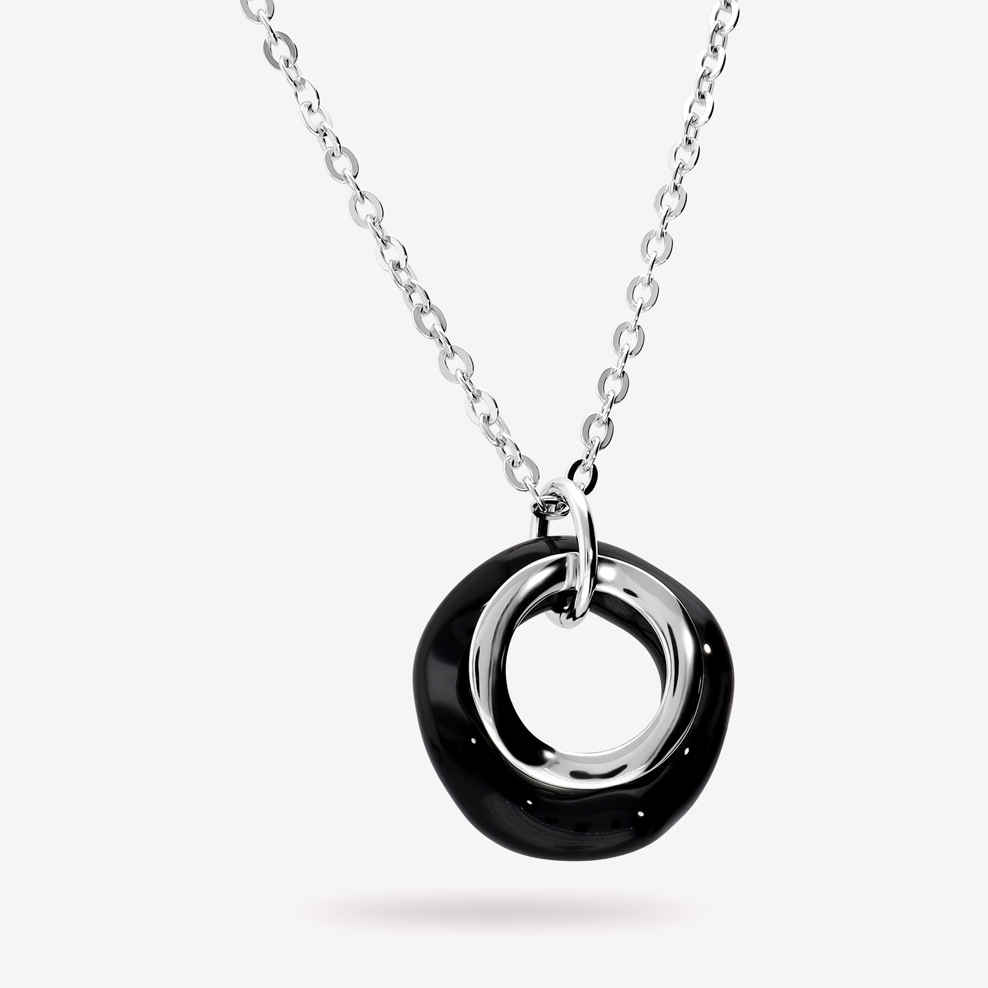 Collana in Argento 925 placcato Platino con Pendente a Doppio Cerchio Lucido e in Onice Nero