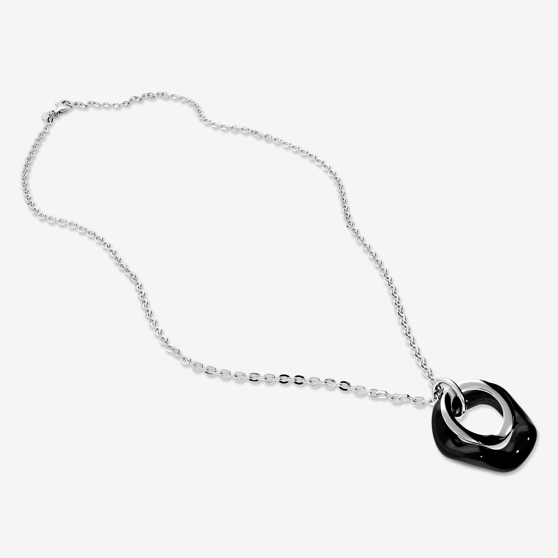 Collana in Argento 925 placcato Platino con Pendente a Doppio Cerchio Lucido e in Onice Nero