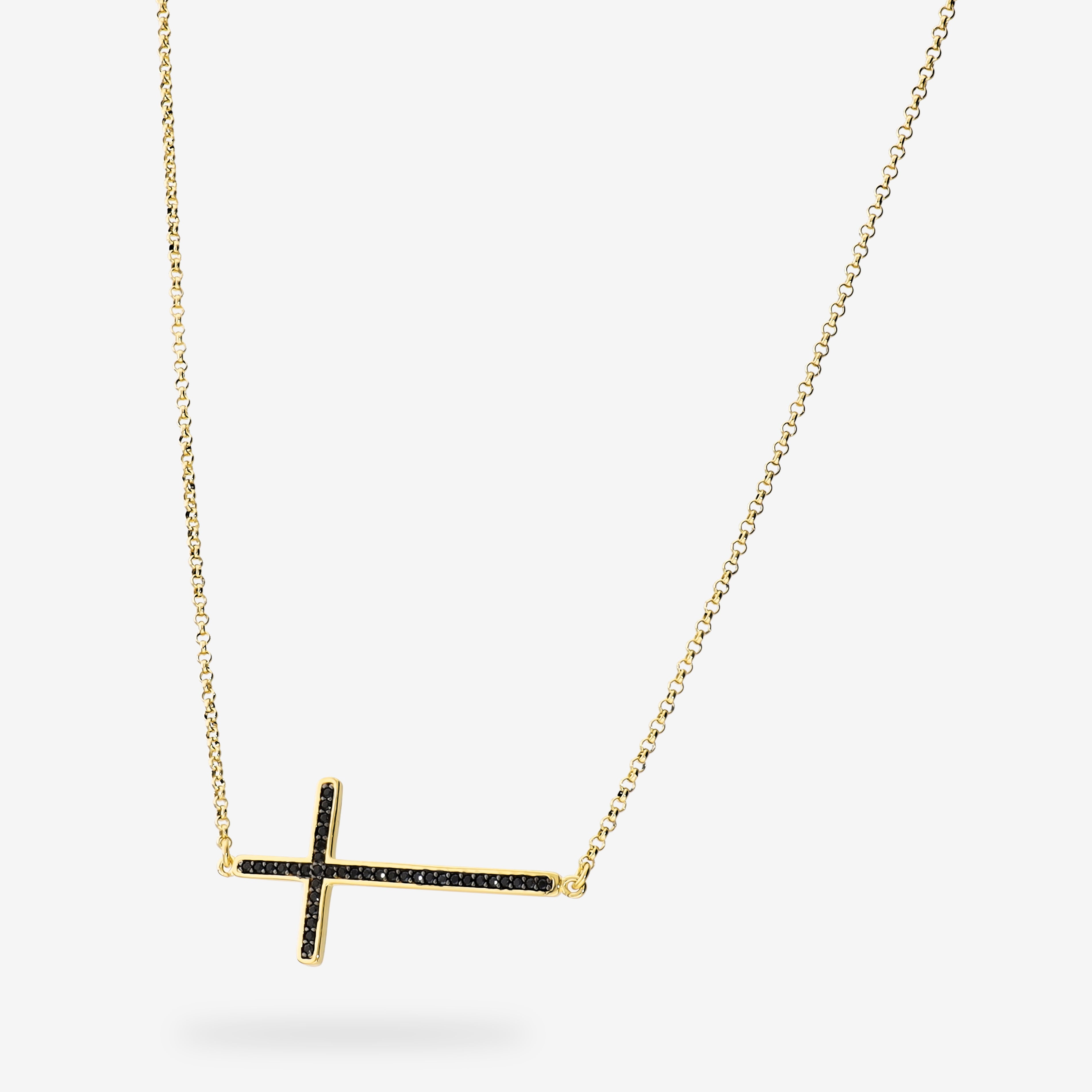 Collana Girocollo in Argento 925 placcato Oro Giallo 18Kt con Croce in Spinelli Neri