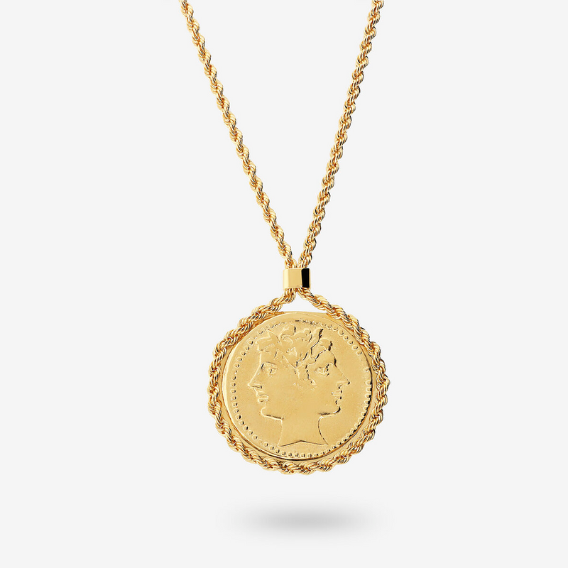 Collana Maglia Corda in Argento 925 placcato Oro Giallo 18Kt con Pendente Moneta