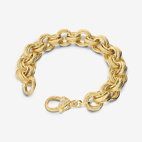 Bracciale Maxi Maglie Rigate in Argento 925 placcato Oro Giallo 18Kt con Cubic Zirconia