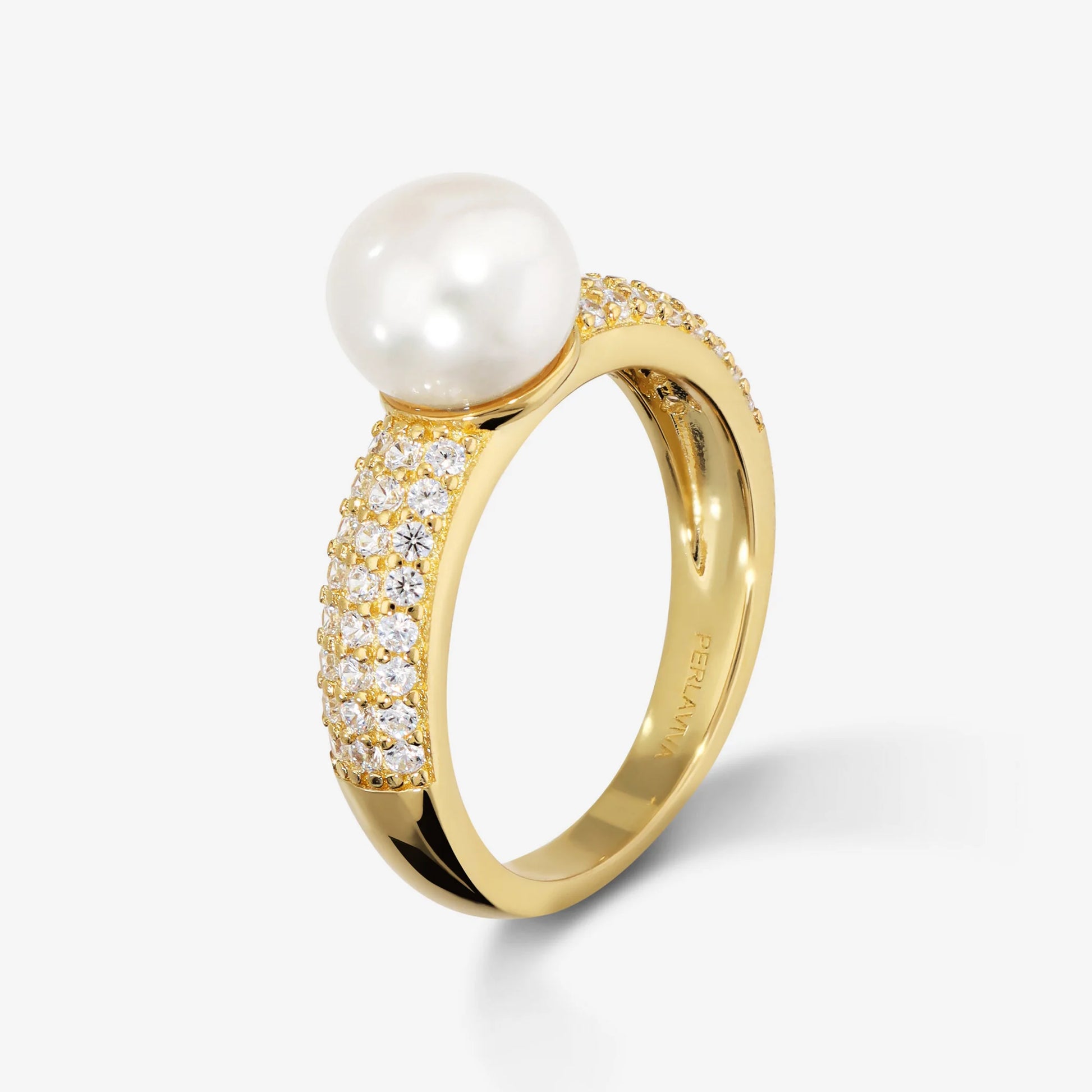 Anello in Argento 925 placcato Oro Giallo 18Kt con Cubic Zirconia e Perla Bianca d'Acqua Dolce Ø 7/8 mm
