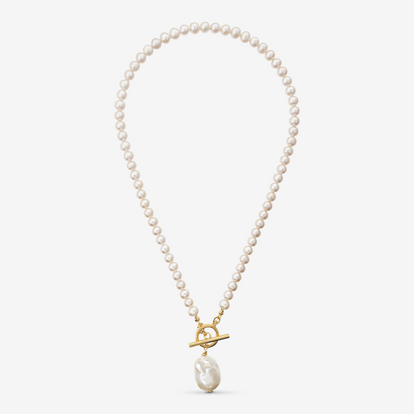 Collana Girocollo di Perle in Argento 925 placcato Oro Giallo 18Kt con Pendente in Perla Scaramazza Bianca d'Acqua Dolce