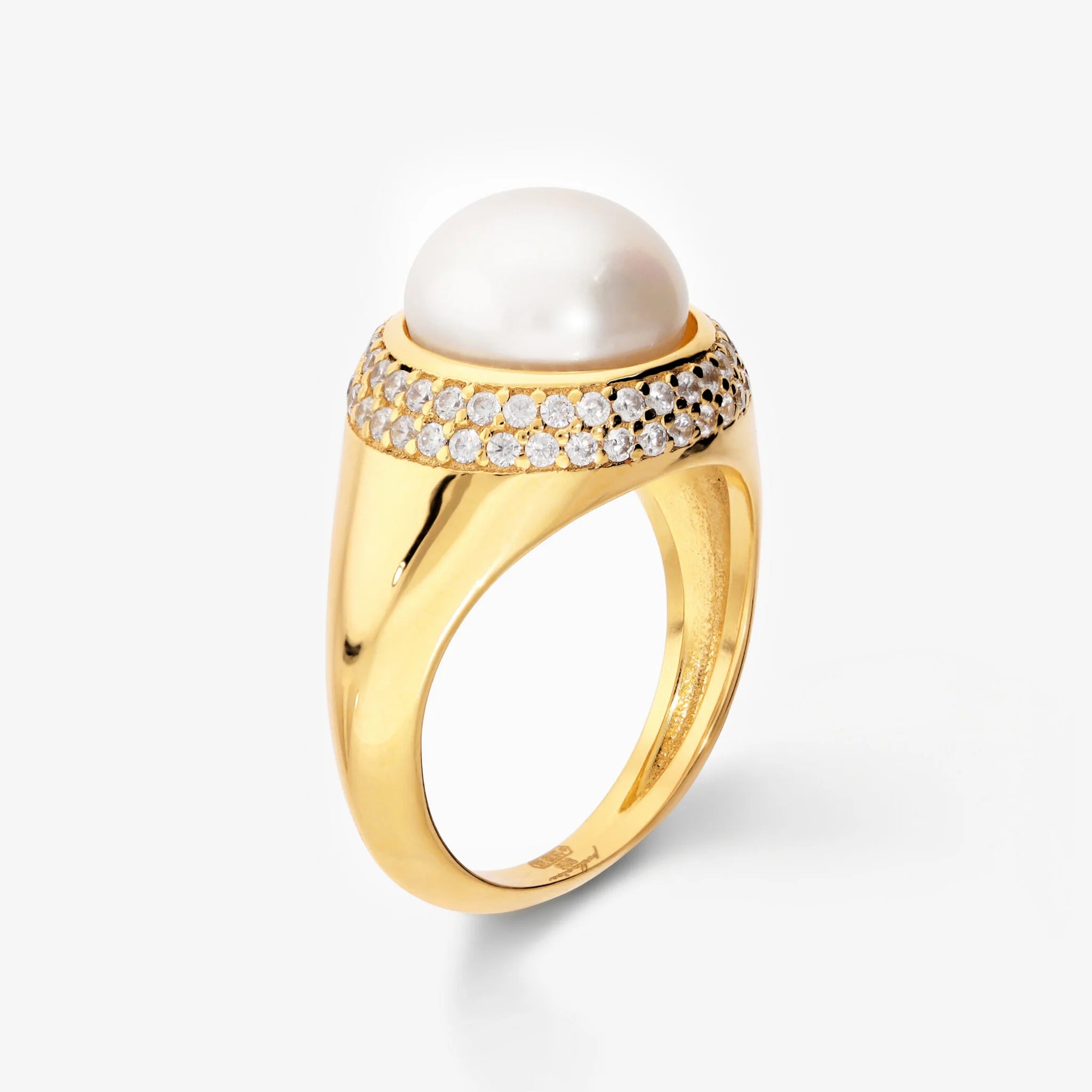 925 Silver Ring plated with 18Kt Yellow Gold with Cubic Zirconia and White Freshwater Pearl Ø 10/11 mm