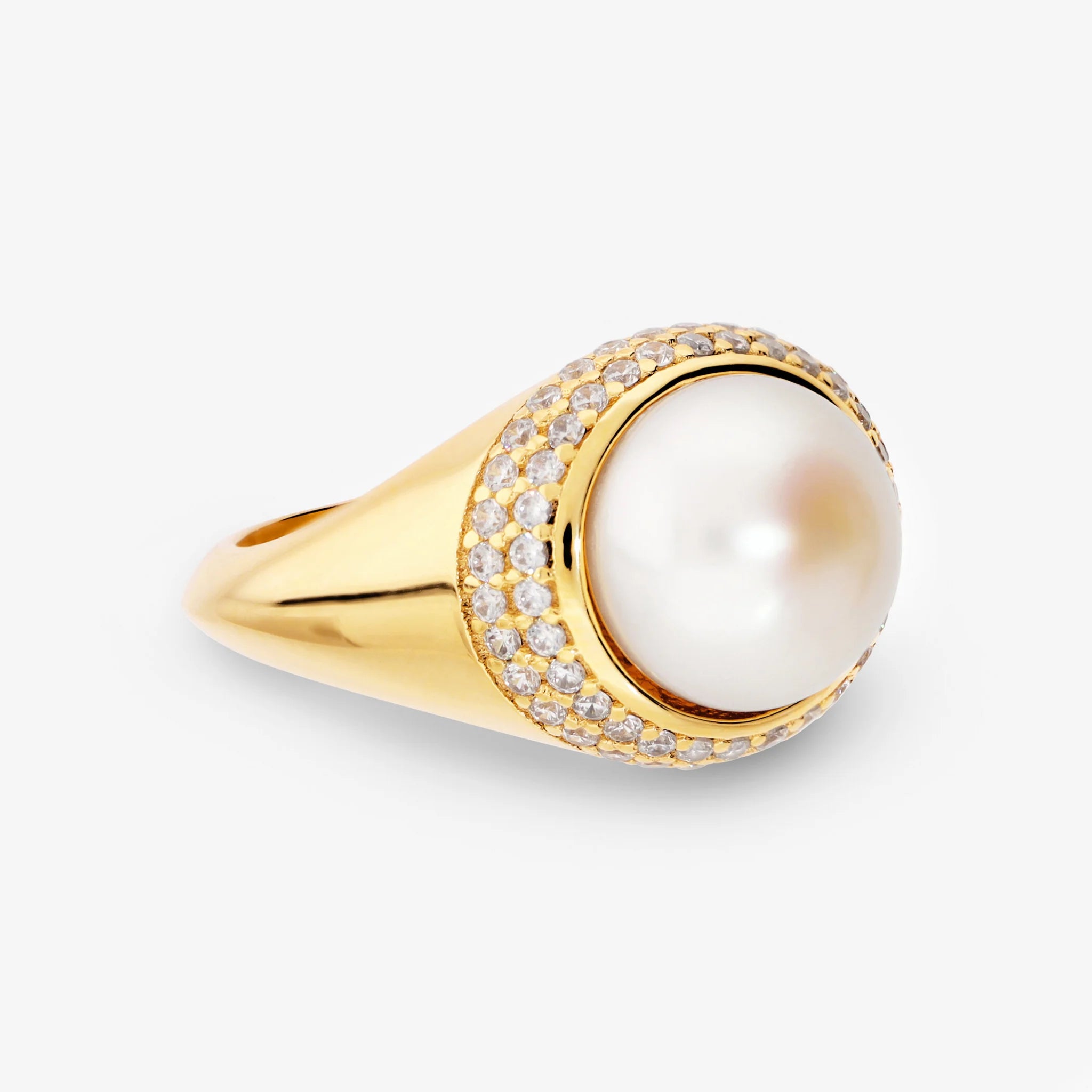 925 Silver Ring plated with 18Kt Yellow Gold with Cubic Zirconia and White Freshwater Pearl Ø 10/11 mm